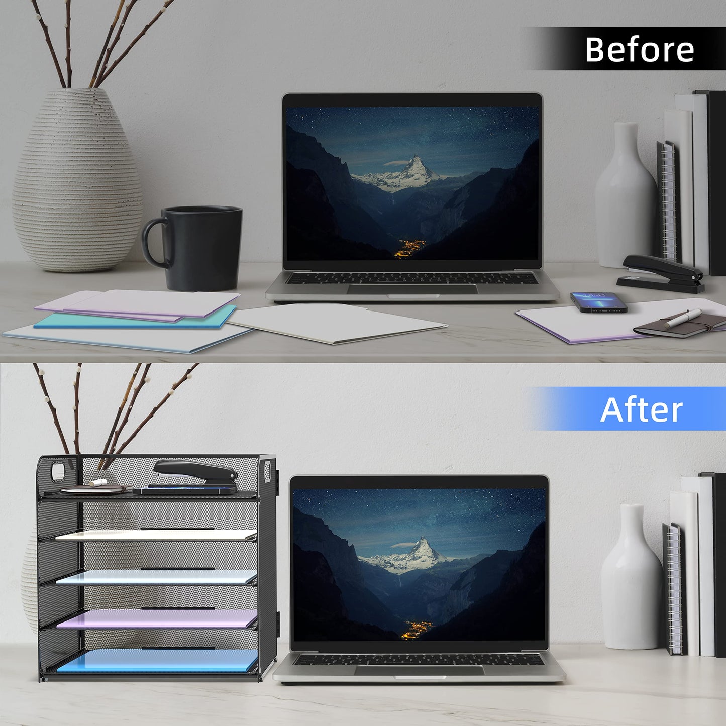 Supeasy 5 Trays Paper Organizer Letter Tray with Handle-Mesh Desk File Holders, Paper Sorter Desk Organizer for Office, Home, Classroom or School