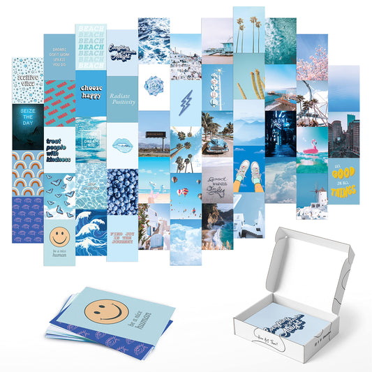 HAUS AND HUES Blue Photo Collage Kit for Wall Aesthetic Décor Beach Aesthetic Posters & Aesthetic Pictures | Aesthetic Blue College Room Decor (Set of 50)