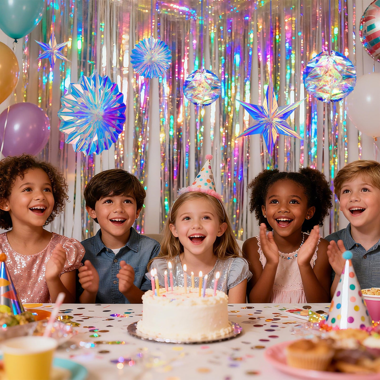BTSD-home Iridescent Party Decorations, Hanging Honeycomb Balls, Paper Fans & 3D Star Ornaments, Holographic Ceiling Decor for Birthday, Wedding, Baby Shower, Christmas, Disco & Euphoria Theme Parties