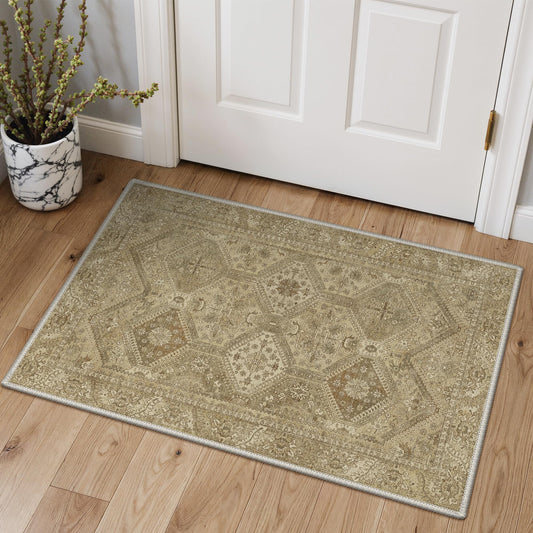 GENIMO Area Rug 2x3 Doormat, Machine Washable Low Pile Rugs, Small Retro Entryway Mat for Entrance, Hallway, Kitchen and Corridor, Tan Brown