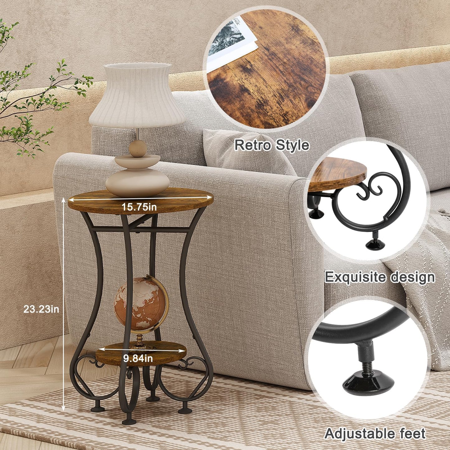 X-cosrack Small Round Side Table with Lower Shelf for Small Spaces, Compact End Table for Sofa, Bedside Nightstand, Coffee & Drink Table for Living Room, Bedroom, Balcony