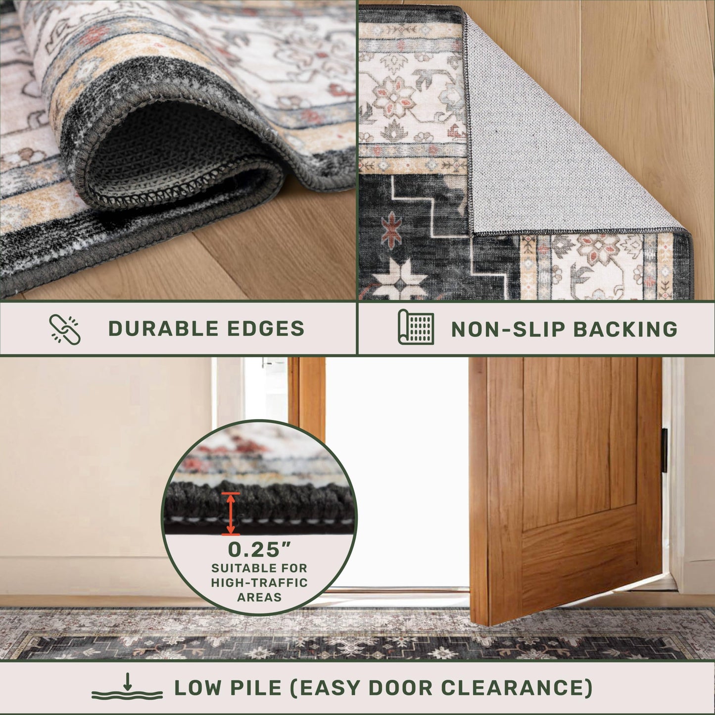 Black Washable 2x3 Entry Rug, Small Rugs for Entryway Kitchen Bathroom Door Mat Indoor Entrance, Non Slip Rubber Backing, Stain & Fade Resistant, Ashen Charcoal Floral Farmhouse Decor