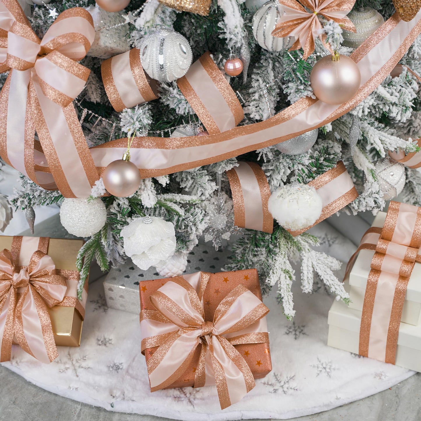 HUIHUANG Rose Gold Christmas Ribbon Wired Satin Ribbon with Glitter Stripe Edges 2.5 inch for Christmas Trees, Bows Making, Wreaths, Gift Wrapping Garland, Home Decor, Crafts -10 Yards