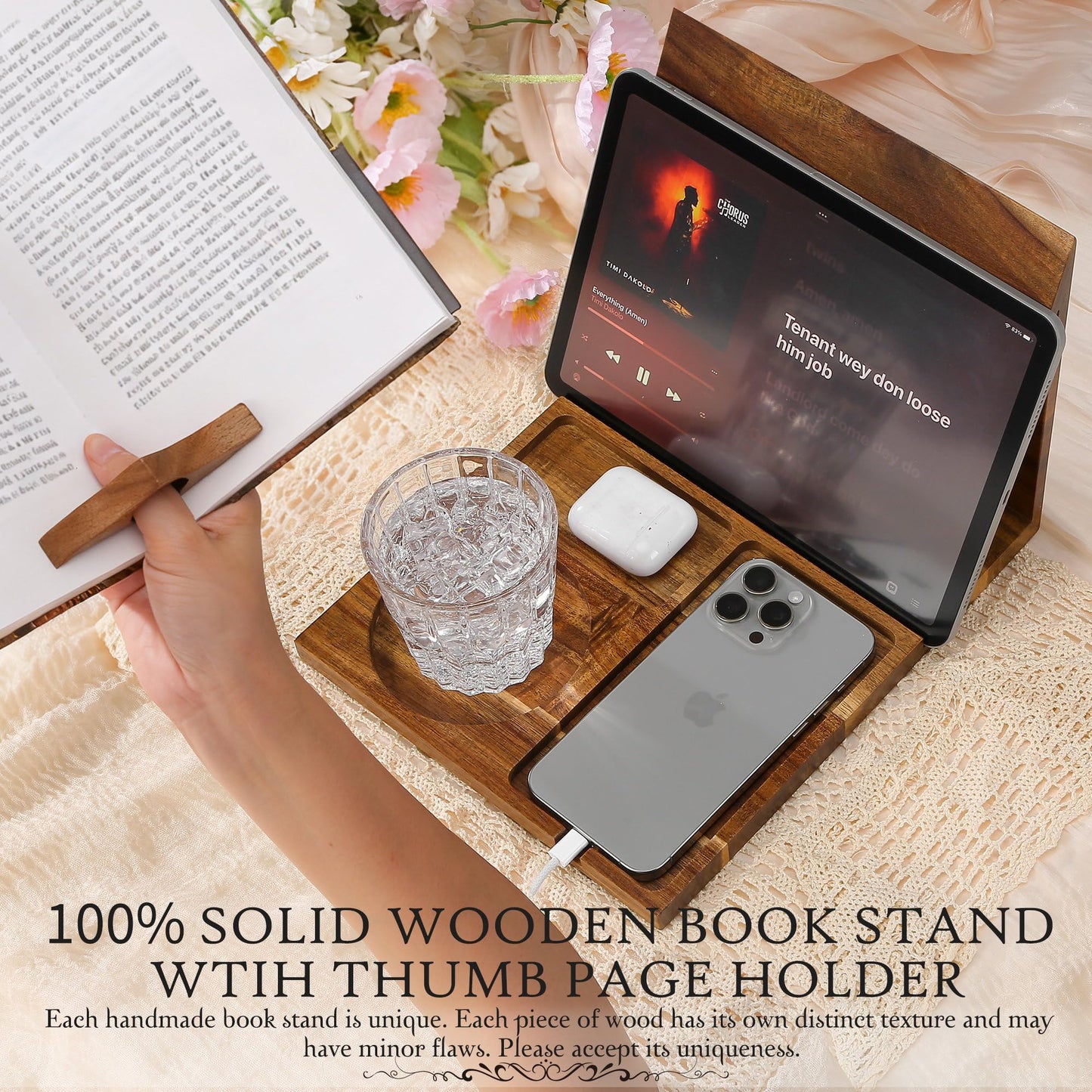 Book Holder Stand for Reading Rest, Wooden Foldable Book Rest with Book Page Holder, Cup, iPad & Phone Stand, Book Nook Reading Valet Desktop Triangle Bookstand Bookshelf for Readers Bookworms Gifts