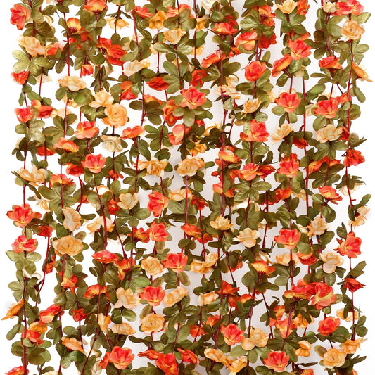 KHOYIME 9 Pack 72 FT Artificial Flower Garland, Fake Orange Roses Vines Silk Flowers Faux Plastic Outdoor Hanging Floral Garland Fall Autumn Decoration for Indoor Table Home Wall Backdrop Room Decor