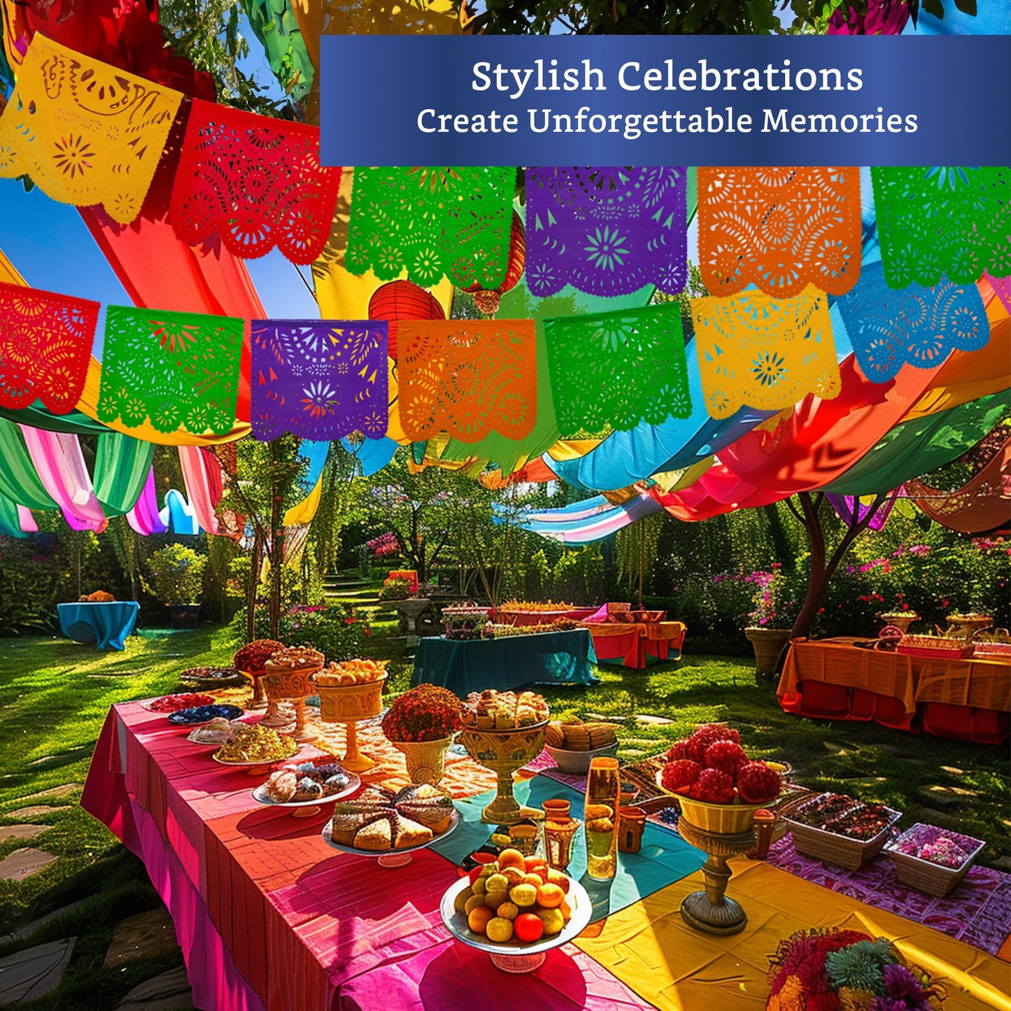Mexican Party Banners (5 Pack with 10 Plastic Flags per Banner) - Papel Picado Mexicano para Fiesta - Plastic Papel Picado - Fiesta Themed Party Decorations - Mexican Decor