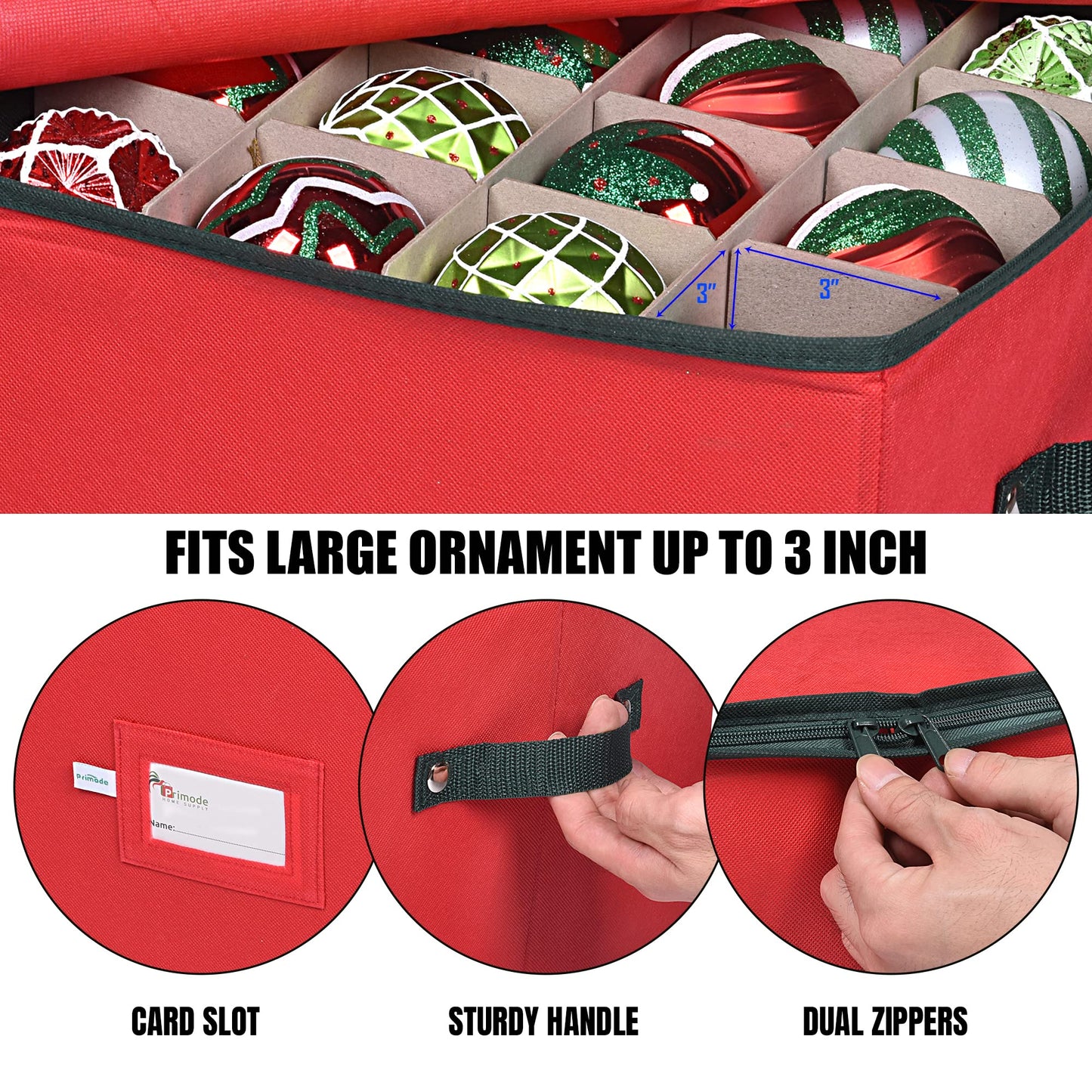 Primode Christmas Ornament Storage Box, 4 Individual Trays Xmas Storage Container, Fits 64 Ornaments Decoration Balls, Constructed of Durable Polyester Material (Red)