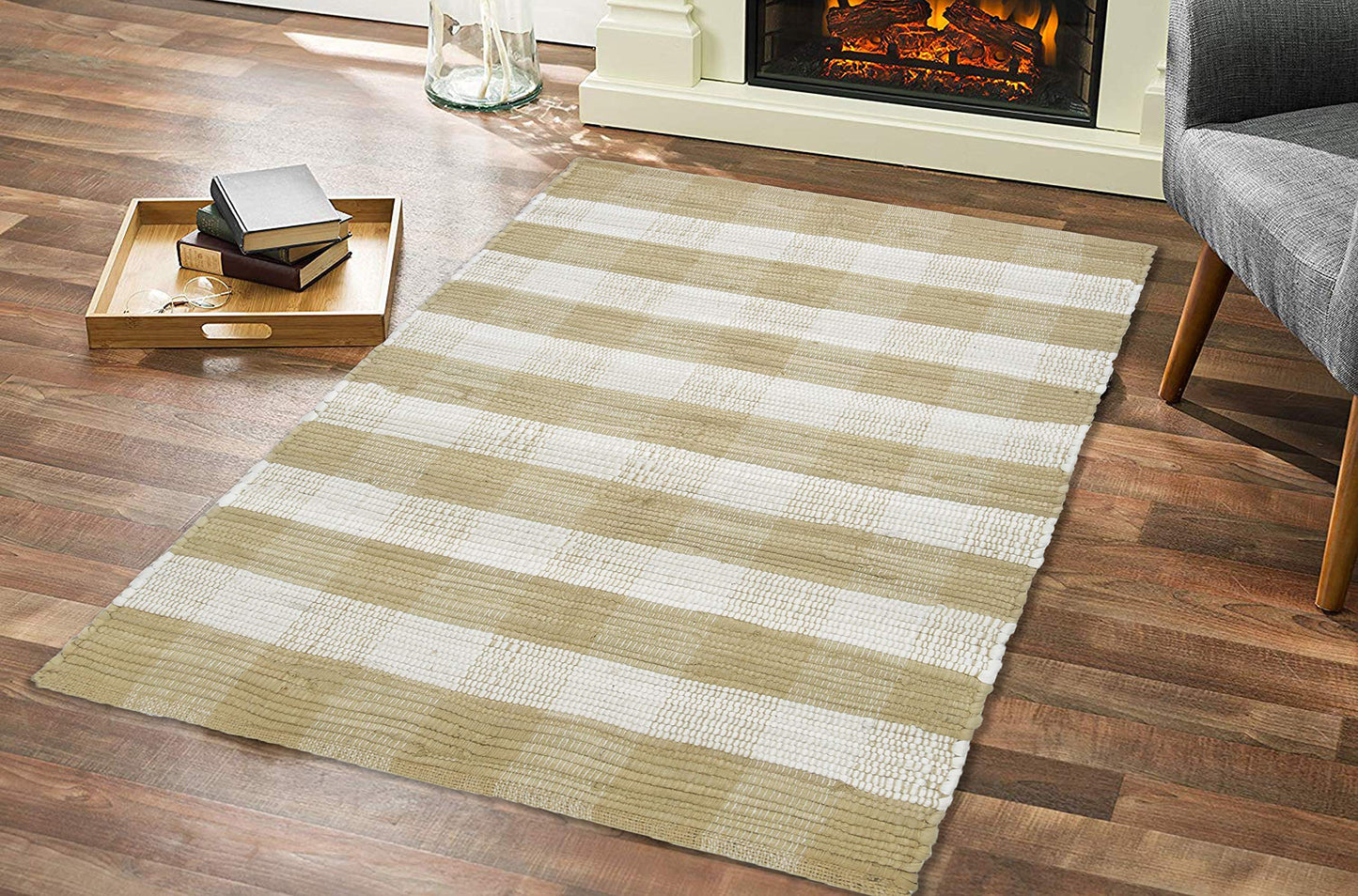 GLAMBURG Cotton Buffalo Check Plaid Washable, Handwoven Checkered Welcome Door Mat 18x30 for Kitchen Bathroom Outdoor Porch Laundry Living Room, Farmhouse Reversible Rag Rug Beige Natural