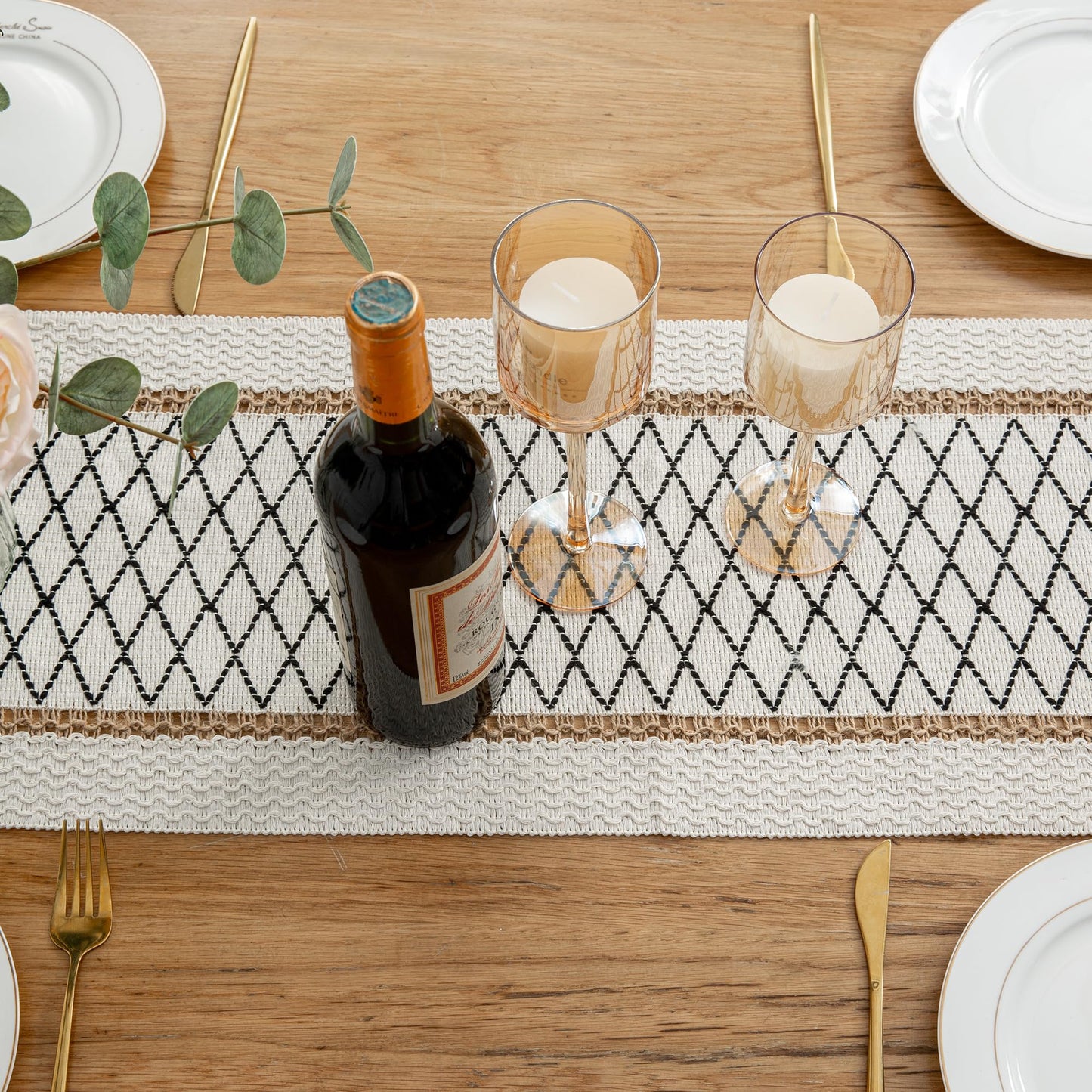 Mayler Yee Table Runner Linear End, Boho Style with Tassels, Cotton & Linen, Farmhouse Home Decor for Living Room Dresser Scarfs (12x72Inch, Black & Beige)