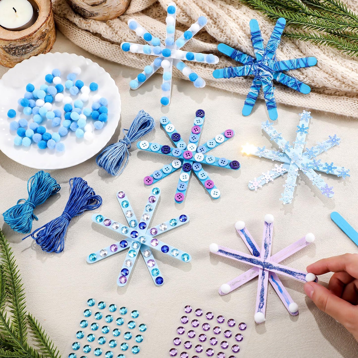 Jetec 25 Set Christmas Snowflake Craft Kit for Kids 6 Styles Christmas Ornament Make Your Own Snowflake with Pom Poms, Glitter Pens, Sequins, Diamond Sticker, Buttons, Cotton Thread for Xmas Tree
