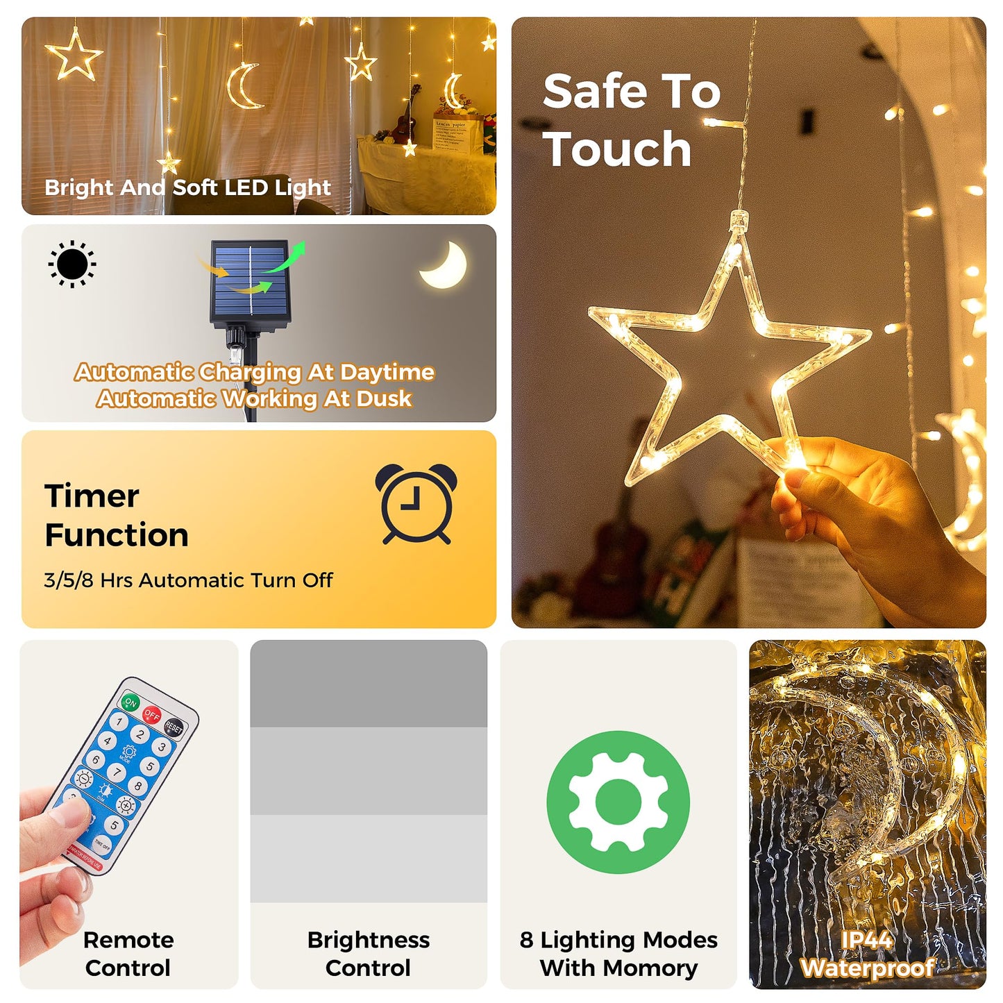 Qunlight Ramadan Solar Icicle Lights,10.8ft 138 LED Outdoor Waterproof Moons Stars Curtain Window String with 8 Modes Timer Remote,USB Rechargeable Connectable Warm White Hanging Decor for Patio
