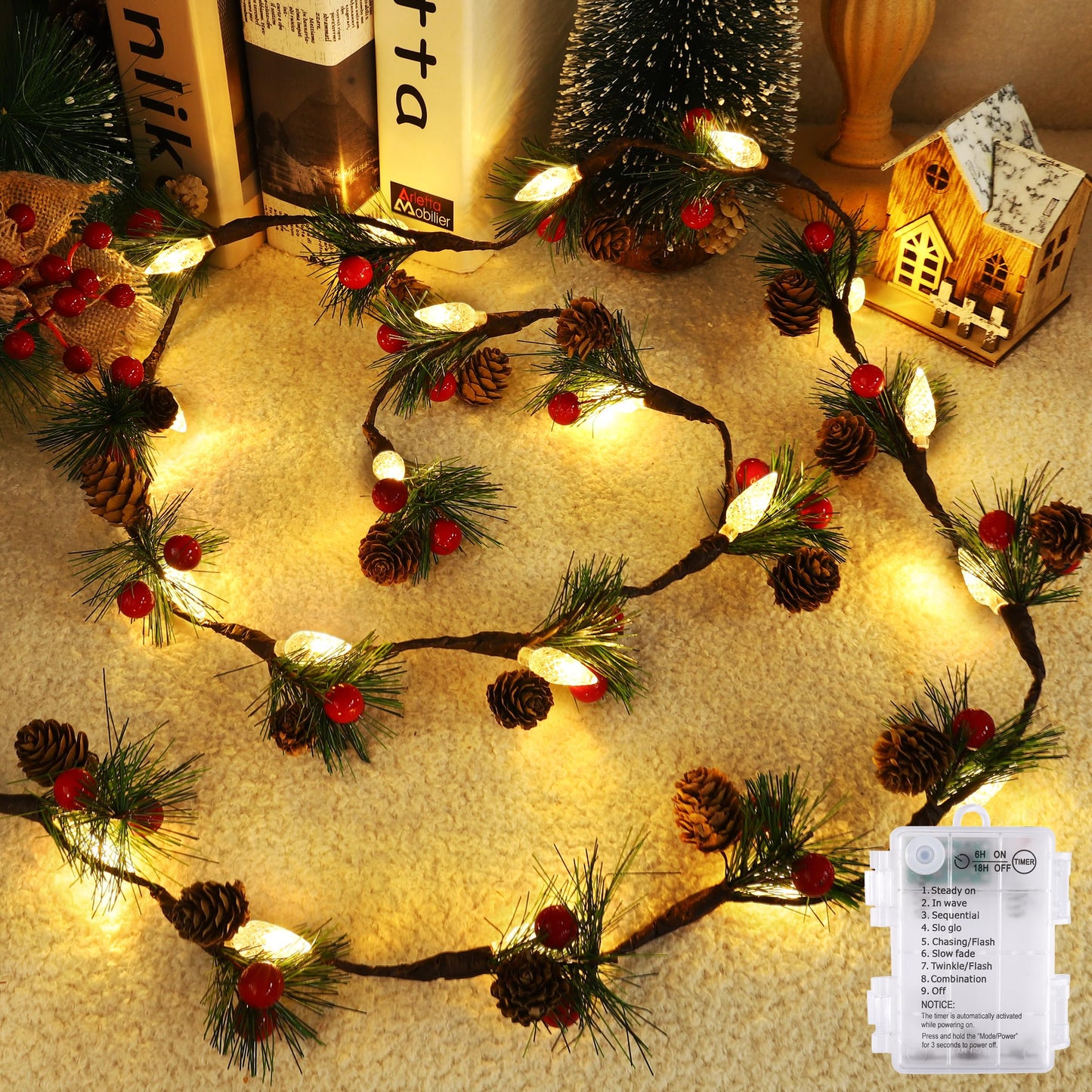 Christmas Garland with Lights,7FT Pinecones Christmas String Lights with Red Berries,Needles,20Led C6 Christmas Lights Battery Operated Prelit Garland for Xmas Decorations Indoor Outdoor
