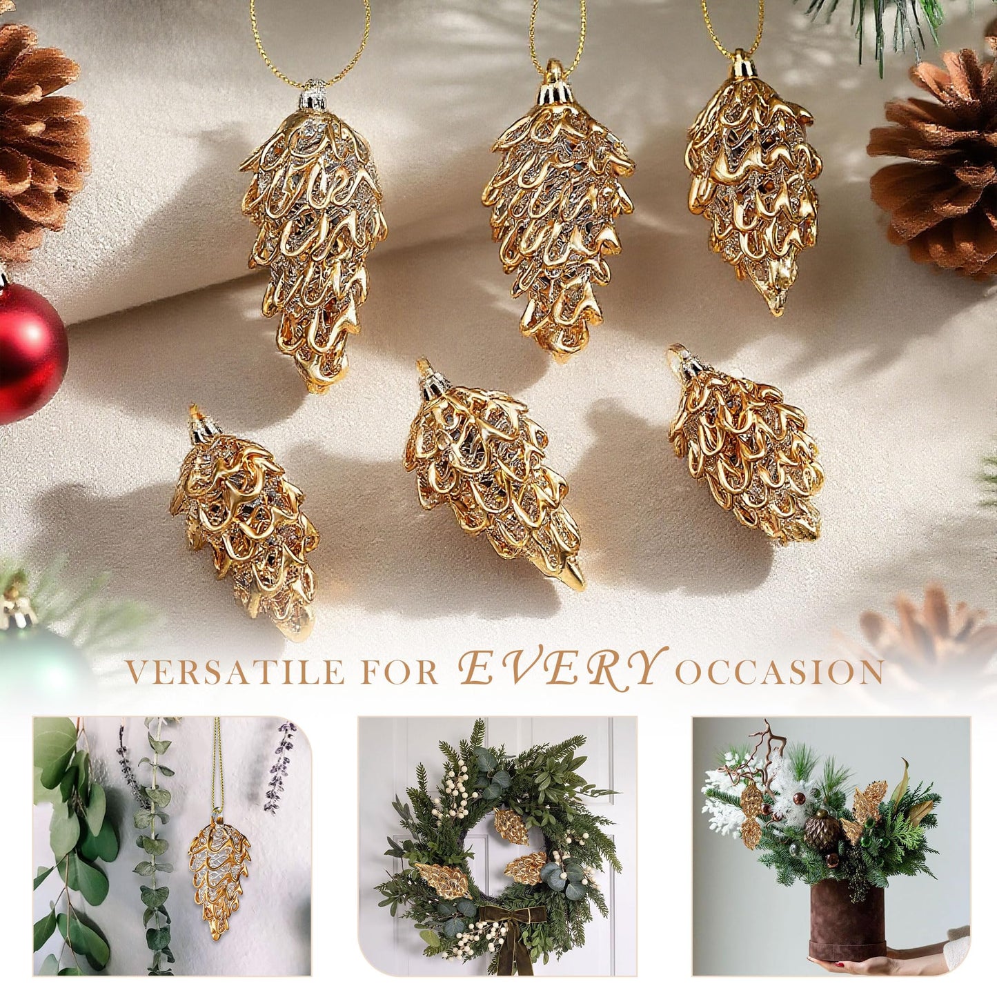 Spun Glass Pine Cone Christmas Ornaments for Tree, Crystal Pinecone Ornament Bulk for Christmas Tree, 2025 Blown Glass Home Decor Xmas Gift, Set of 6 Winter Decor