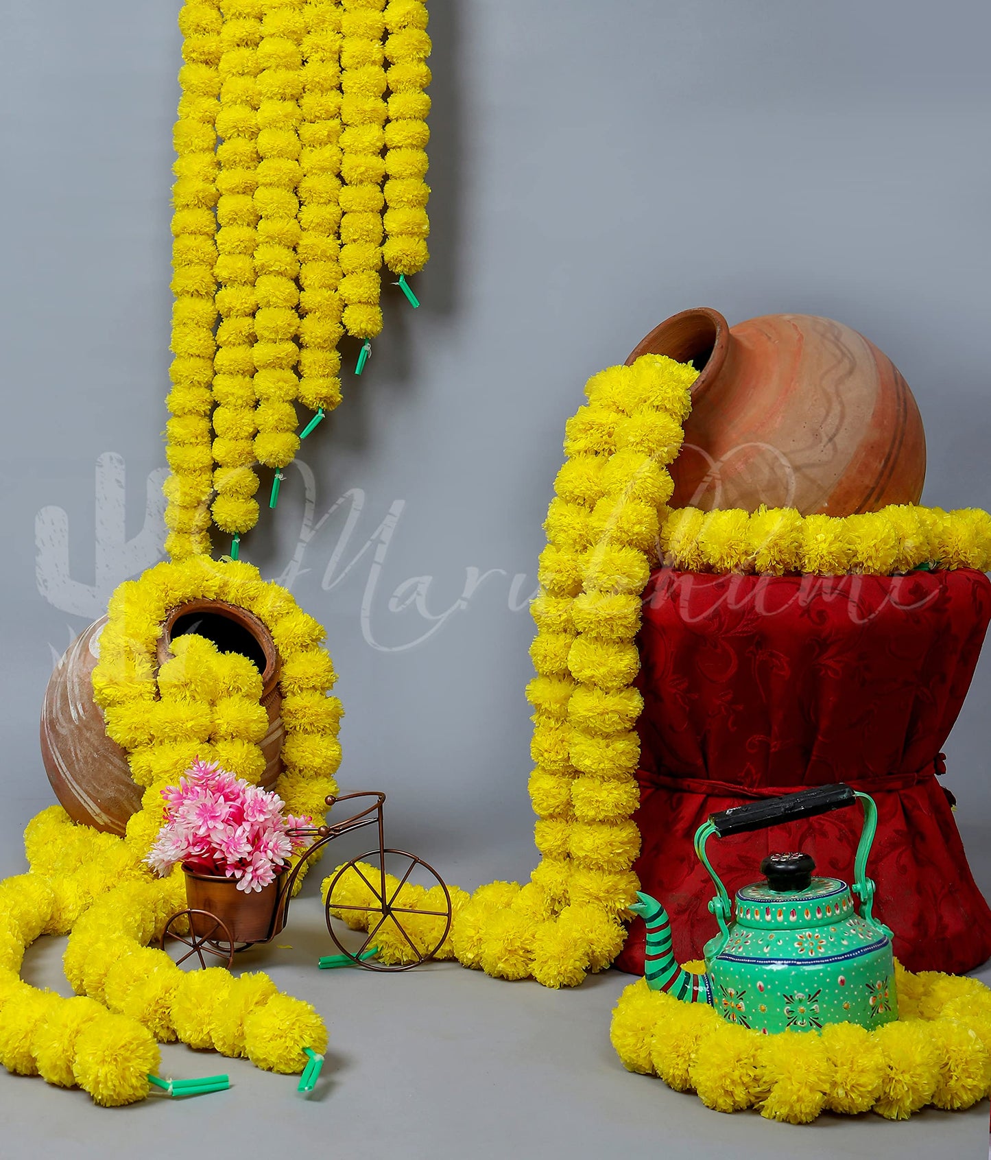 Marubhumi 5 PC - 5 feet Artificial Marigold Flower Garland – Long Strands for Diwali, Wedding & Festive Decoration – Traditional Indian Home Decor