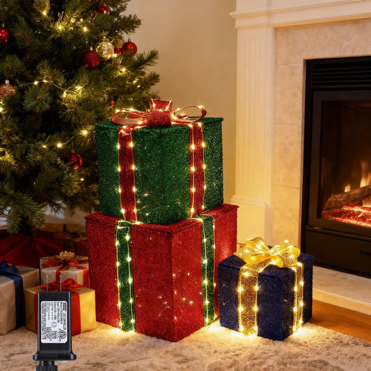 Lomotech Set of 3 Christmas Lighted Gift Boxes - Prel-Lit Gift Boxes with Timer, Lighted Christmas Presents for Xmas Tree, Yard, Holiday, Indoor Christmas Decorations（Small)