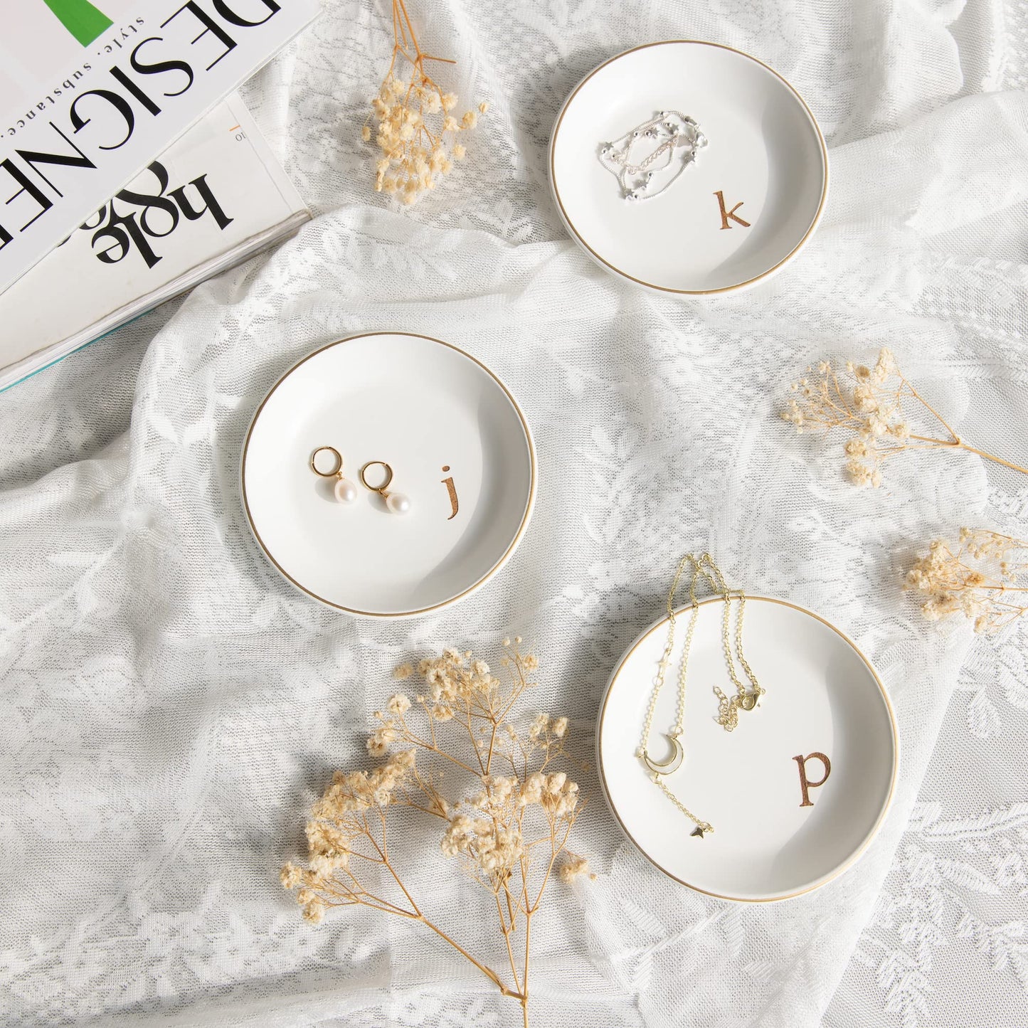 COLLECTIVE HOME - Wood Jewelry Tray, Decorative Monogram Trinket Dish for Rings Earrings Necklaces Bracelet Watch Keys, Birthday Mother's Day Christmas Gift for Women, 4.75" (k)