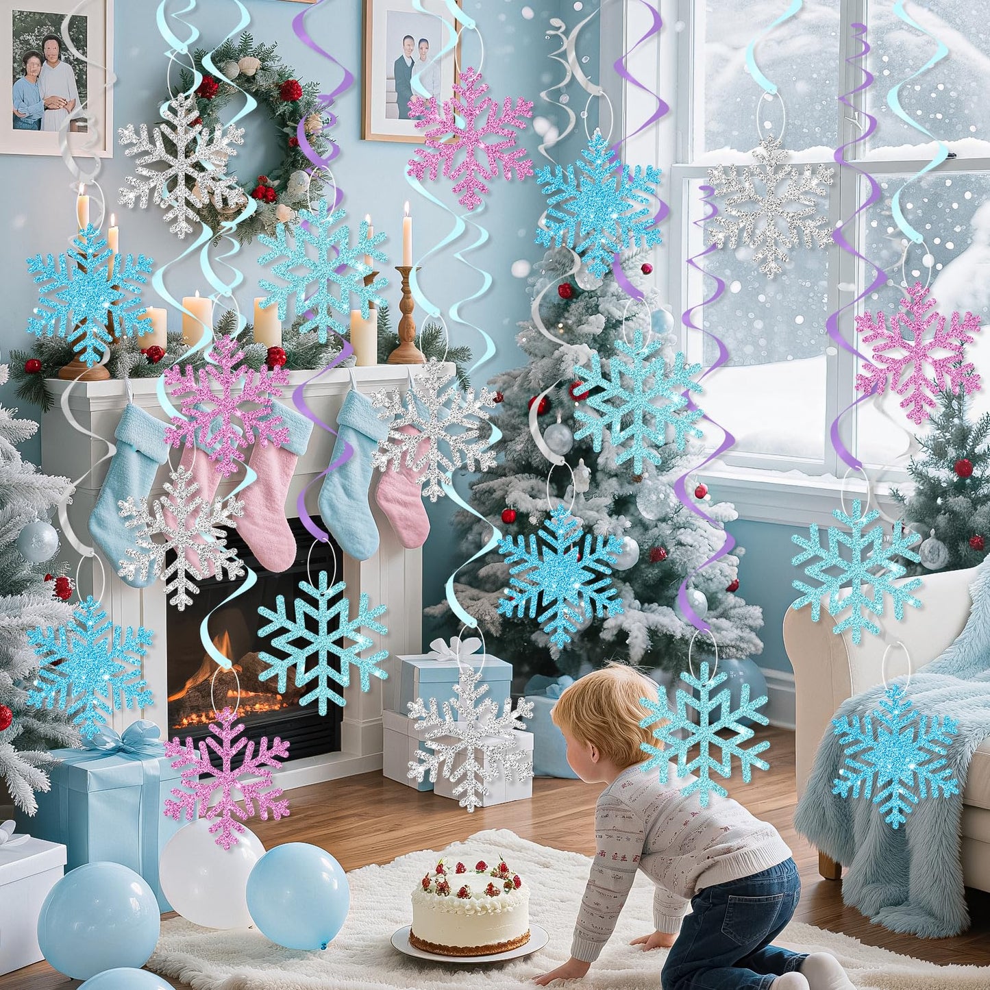 Snowflake Hanging Decorations, Winter Party Hanging Swirls Ceiling Streamers Purple Blue White Glitter Snowflakes Garland for Winter Wonderland Baby Shower Birthday Christmas Party Decorations