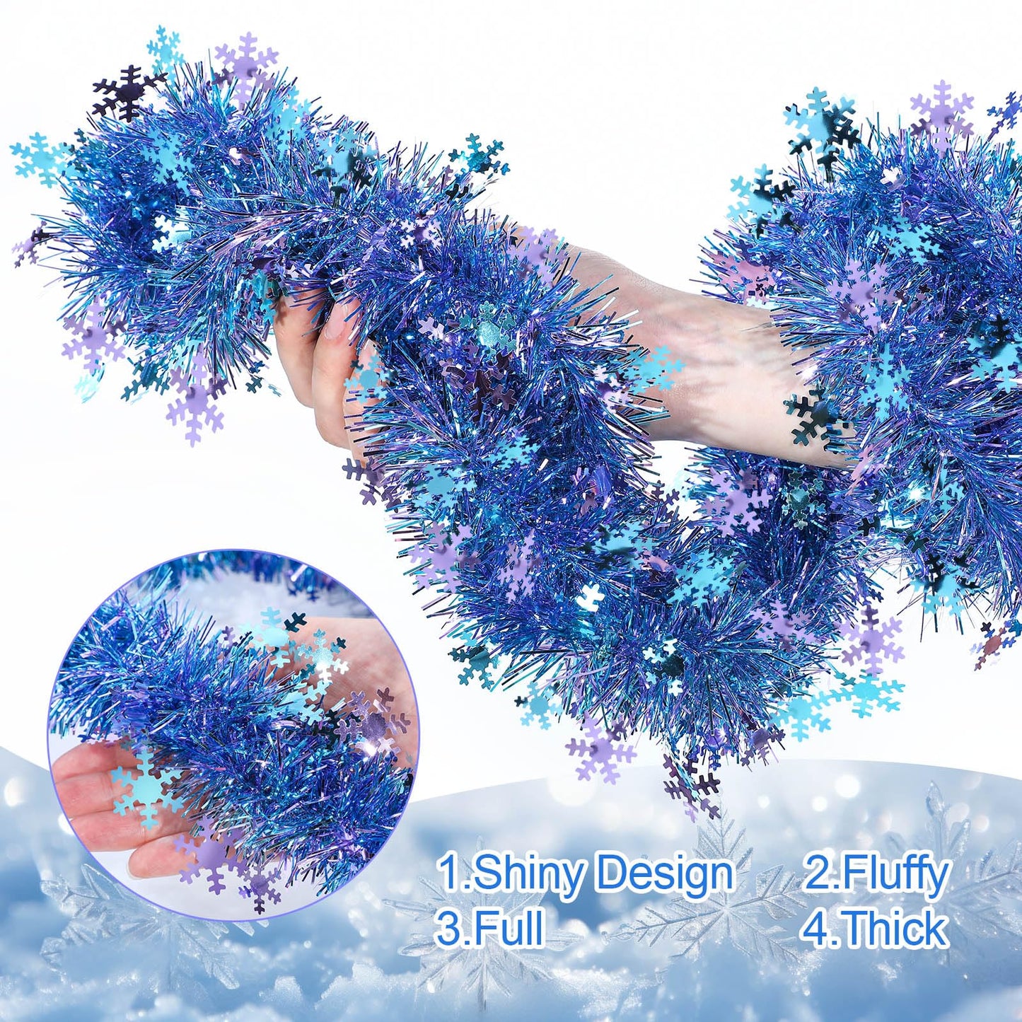 Blosssound 26 Feet Blue Purple Snowflakes Tinsel Garland Glitter Metallic Tinsel Twist Banner Shiny Iridescent Garland for Indoor Outdoor Ceiling Wall Christmas Tree Birthday Party Decorations