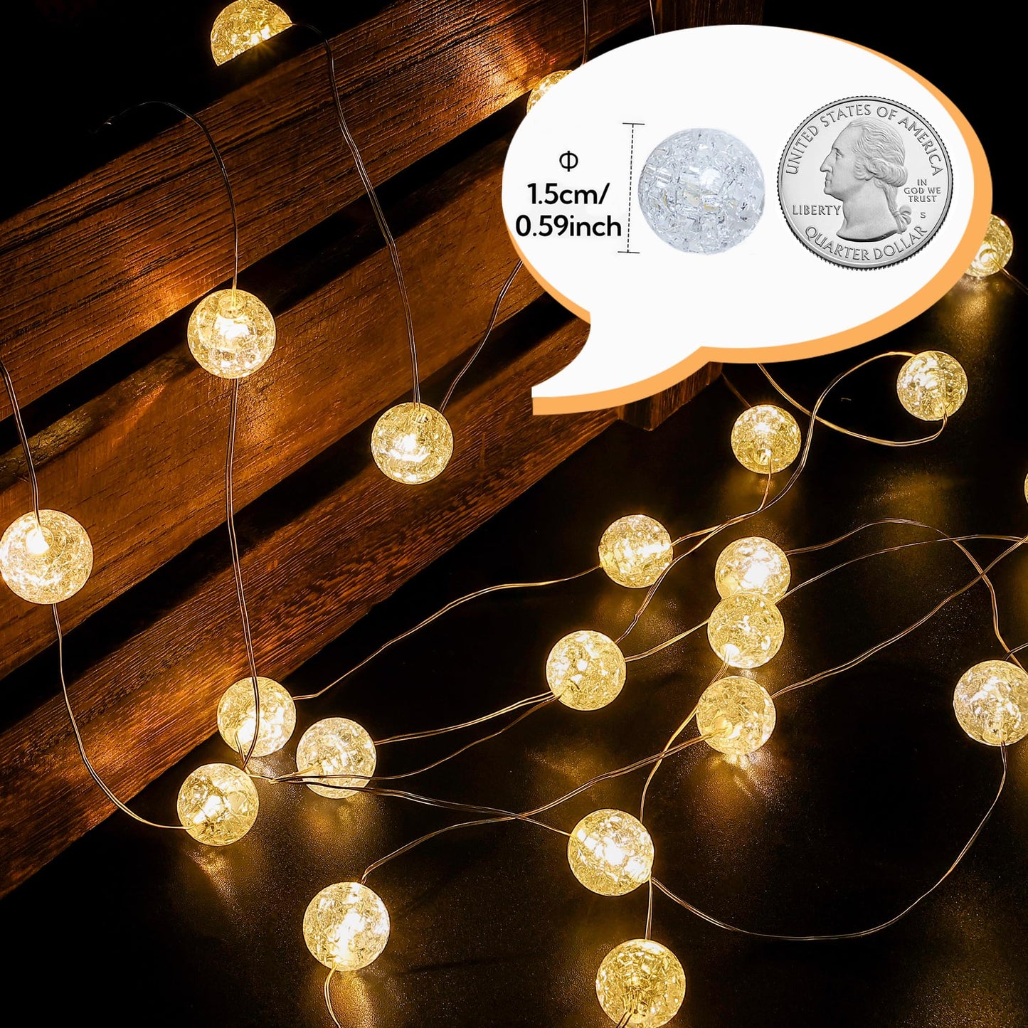 BEEWIN Globe String Lights,10FT 30 LED Decorative Christmas Lights,8 Modes Crystal Crackle Ball Lights,USB Twinkle Fairy Lights for Bedroom,Indoor,Outdoor,Classroom,Wedding,Party,Garden,Warm White