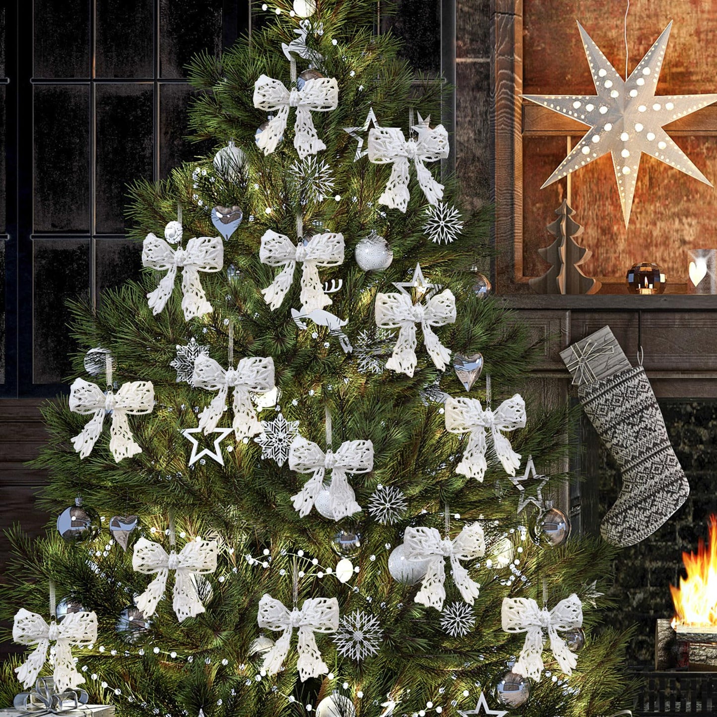Thyle 12 Pcs Glitter Christmas Bow Ornaments for Christmas Tree Decorations 3.94'' White Shiny Wreath Bows Pendant Xmas Tree Hanging Ornaments for Holiday Winter Home New Year Party Decorations