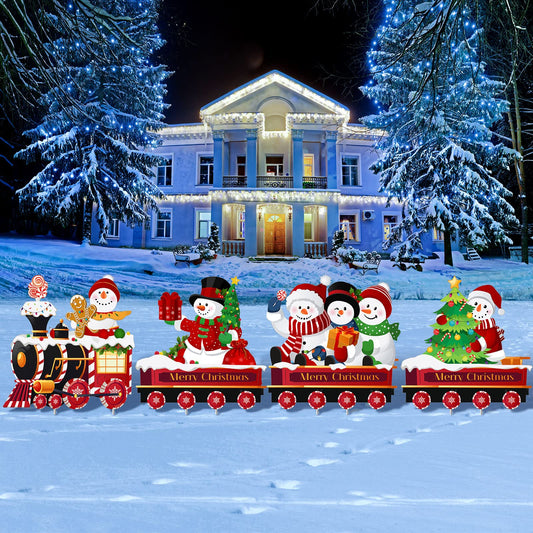 Marsui 4 Pieces Christmas Train Decorations Outdoor Yard Lawn Signs Christmas Tree Gingerbread Santa Snowman Reindeer Train with 8 Stakes for Xmas Holiday Outside Garden Lawn Yard Decor