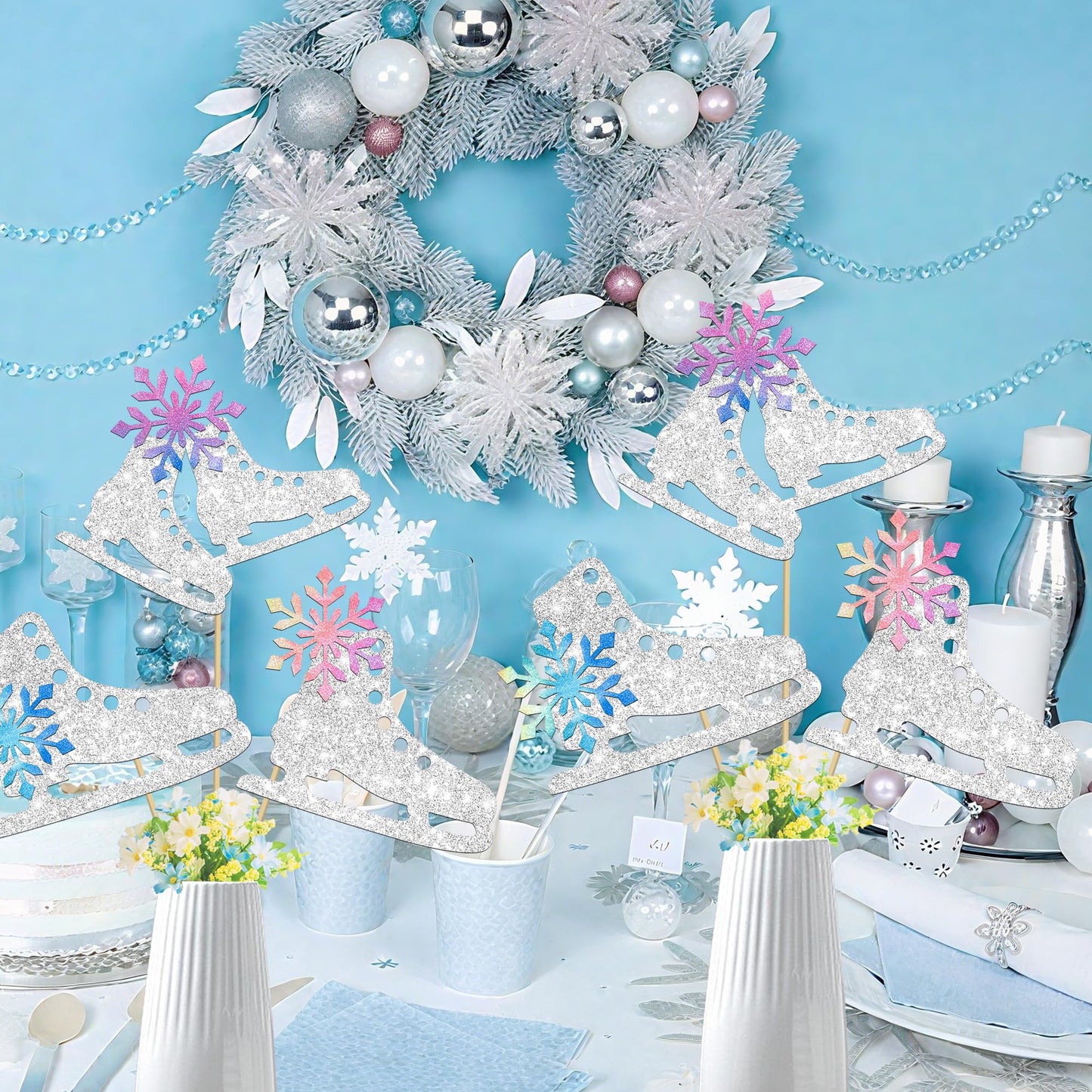 Ice Skating Centerpiece Sticks Snowflake Ice Sports Theme Party Decorations 12PCS Glitter Silver Ice Skate Baby Shower Table Topper Decorations for Skating Birthday Party Supplies