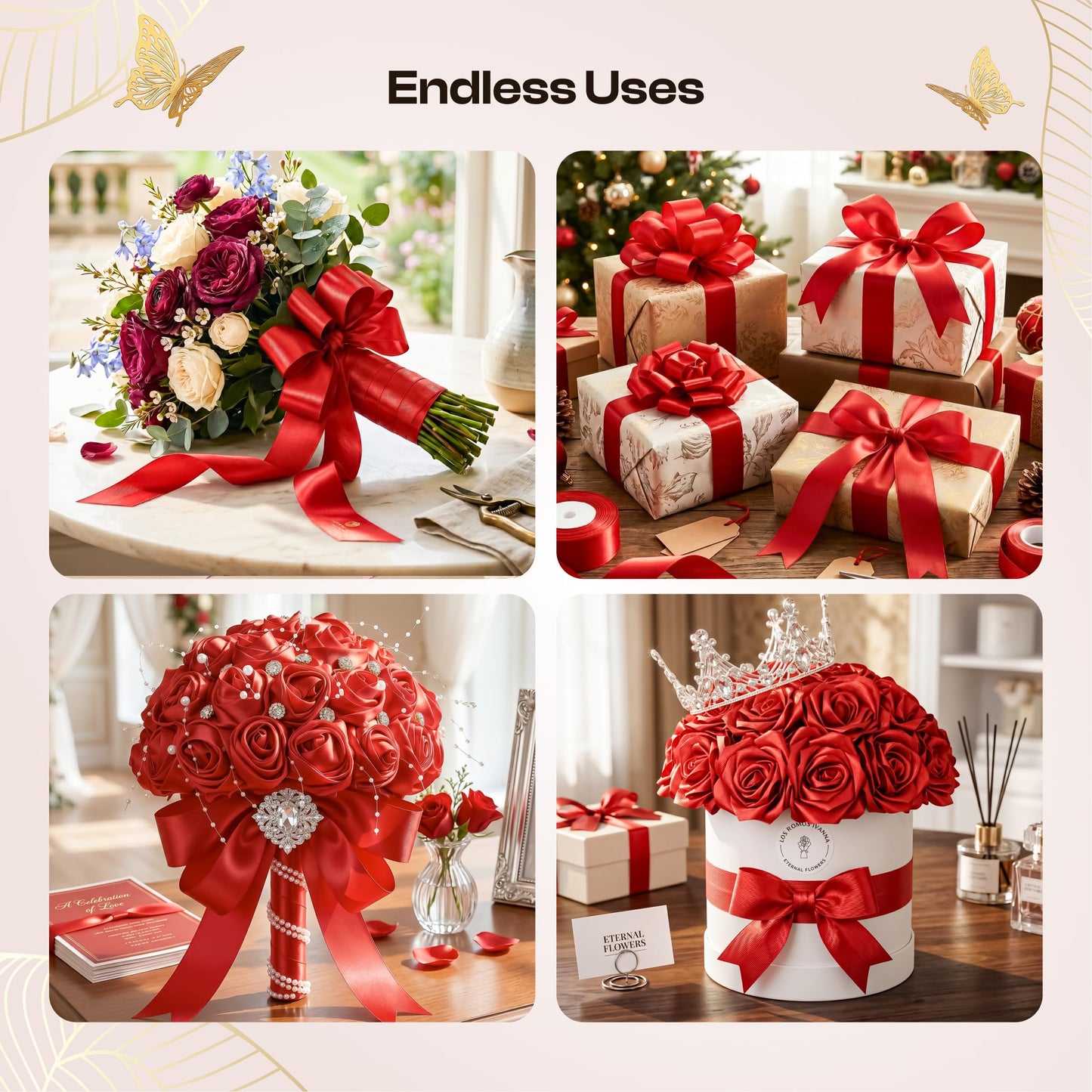 Caydo 1-1/2 Inch Red Ribbon for Flower Bouquet for Mothers Day Gifts, 50 Yards Satin Ribbon Flower Making Kit with Floral Stem Wire, Wrapping Paper, Glue Stick, 3D Butterfly & Diamond Pins