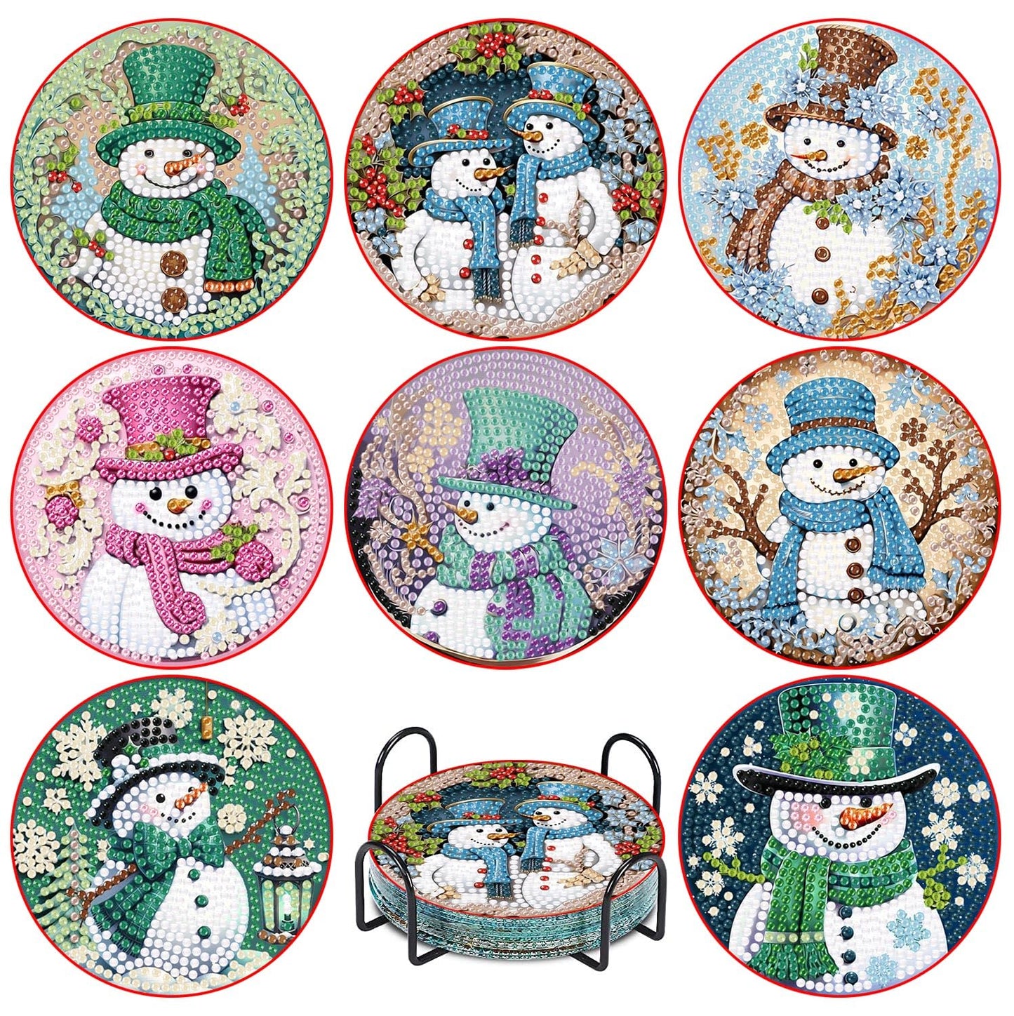 Apcufir 8 Pcs Christmas Diamond Painting Coasters Kits with Holder,DIY Snowman Diamond Art Coaster Kits for Adults & Kids,Paint with Diamonds Coasters Craft Supplies for Holiday Decor Gifts