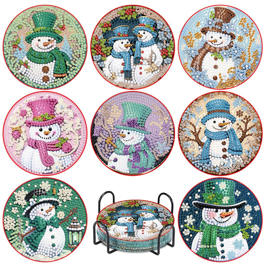 Apcufir 8 Pcs Christmas Diamond Painting Coasters Kits with Holder,DIY Snowman Diamond Art Coaster Kits for Adults & Kids,Paint with Diamonds Coasters Craft Supplies for Holiday Decor Gifts