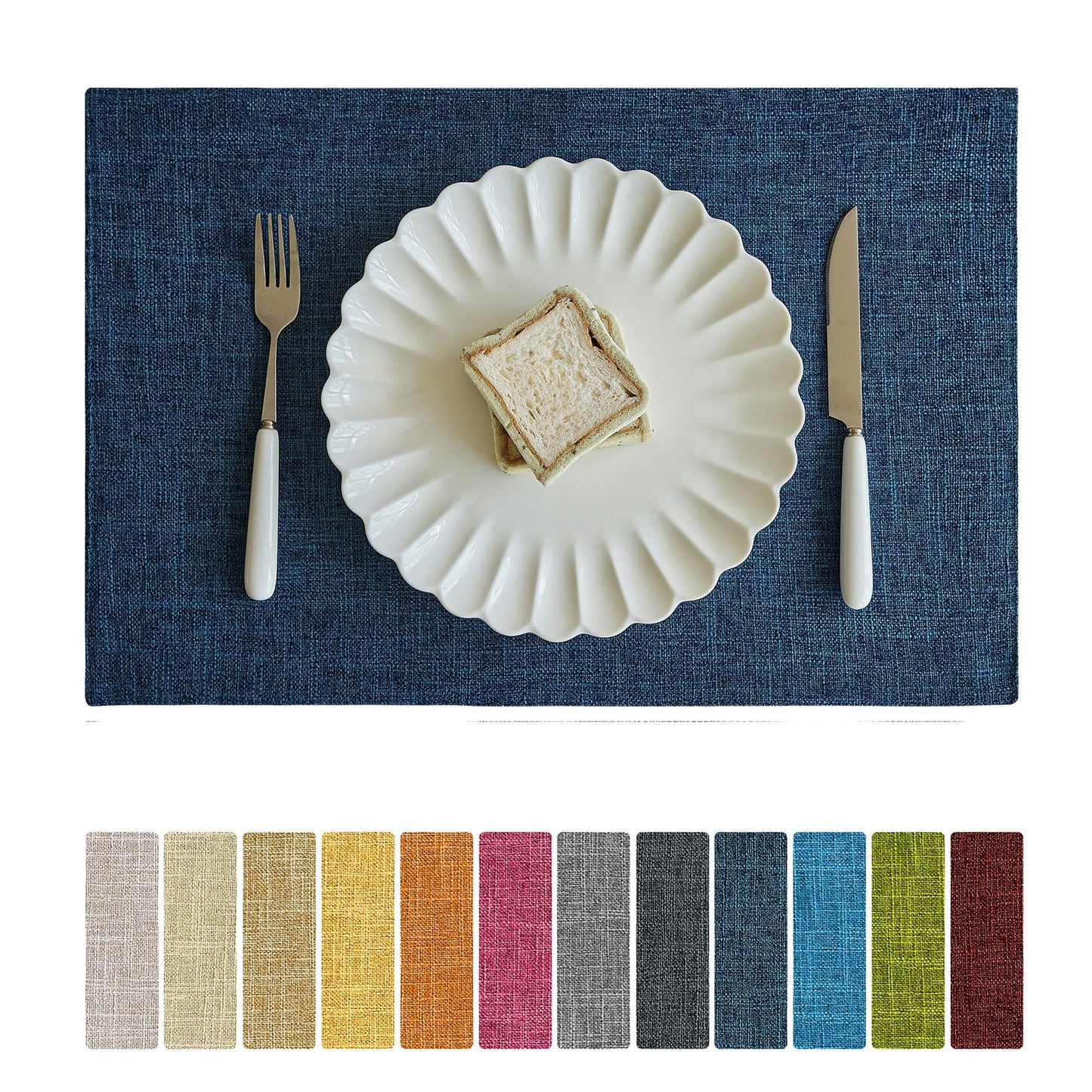 Softalker Faux Linen Placemats Set of 4-12 x 18 Inch, Heat Resistant Double Layered Durable Burlap Farmhouse Place Mats, Non-Slip Washable Rustic Table Mats for Dining, Kitchen, Party（Navy Blue