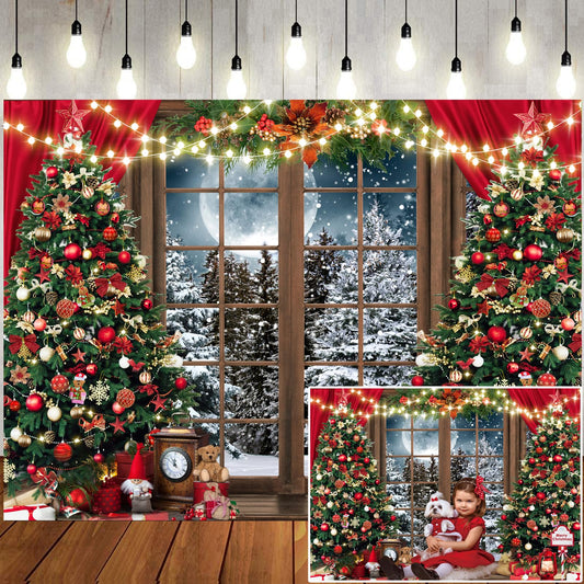 LTLYH 7x5ft Winter Christmas Photography Backdrop Xmas Rustic Wooden Window Full Moon Night Background Baby Kids Party Decorations Portrait Cake Table Banner Photo Studio Props