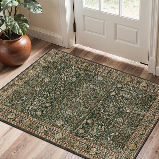 Bavni 2x3 Doormat, Machine Washable Runner Rug Non Slip, Vintage Floral Print Style Rugs for Entrance-Lightweight Low Pile Carpet for Hallways Kitchen and Corridor, Dark Green/Multi