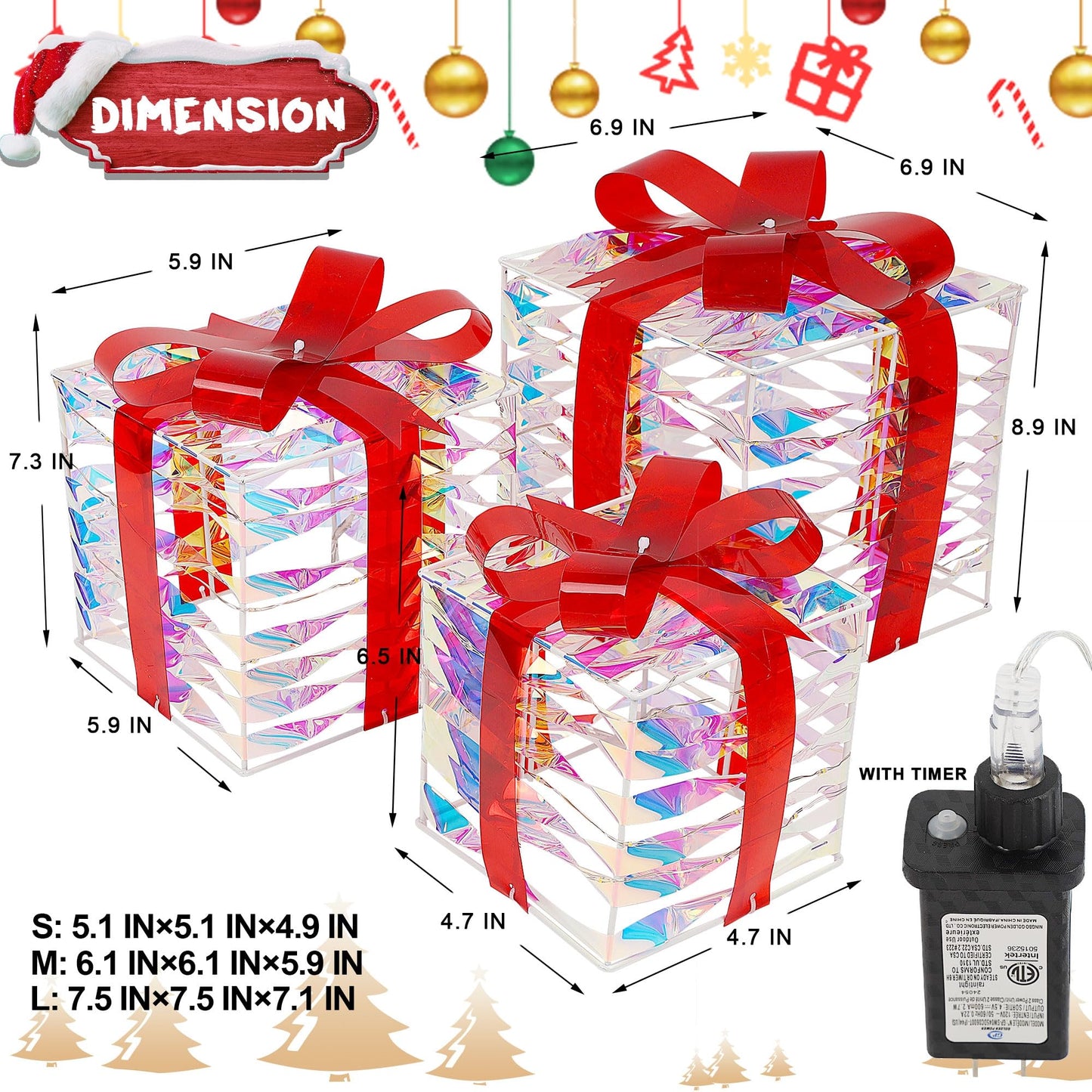 Lulu Home Set of 3 Christmas Lighted Gift Boxes, Pre-lit 140 LEDs Light Up Boxes with Red Bows, Plug-in Lighted Xmas Boxes with Timer for Christmas Trees Holiday Display Party Indoor Yard Lawn Decors