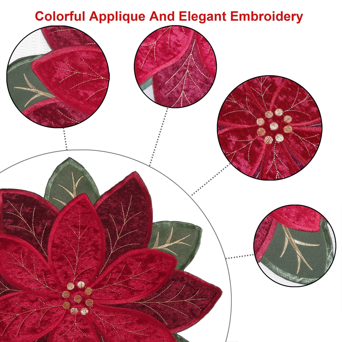 OWENIE Christmas Placemats Set of 4, Poinsettia Table Mats with Embroidered and Applique Velvet Fabric, 16 Inch x 16 Inch Diecut Placemat for XMAS Holiday Tabletop, Round Doilies for Dining Table, Red