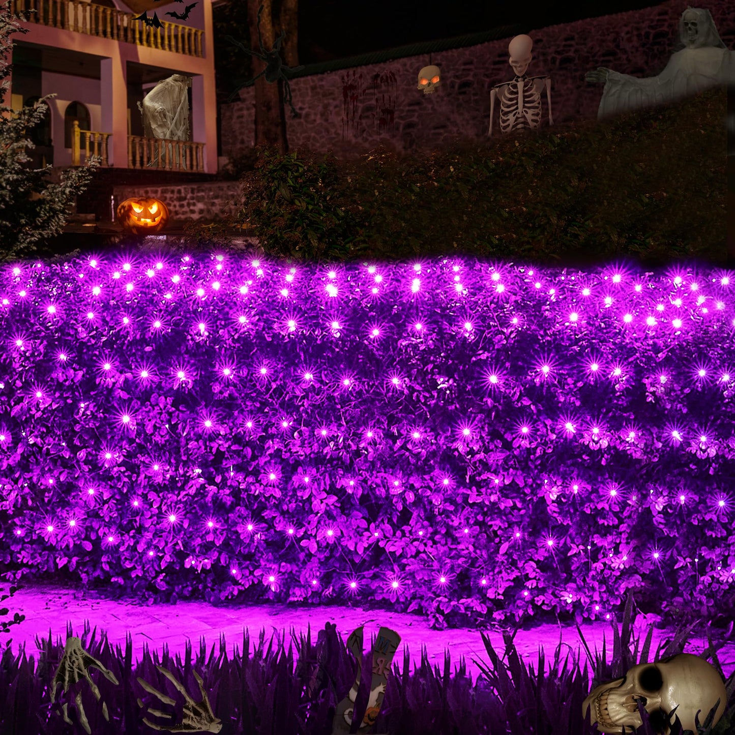 WBao Halloween Lights Outdoor 200LED F8 Big Bulbs, 8.4ft x 5.2ft Halloween Net Lights with 8 Modes, Timer, Connectable, Waterproof & Dark Green Wire for Lawn, Bushes, Trees Outdoor Decorations, Purple