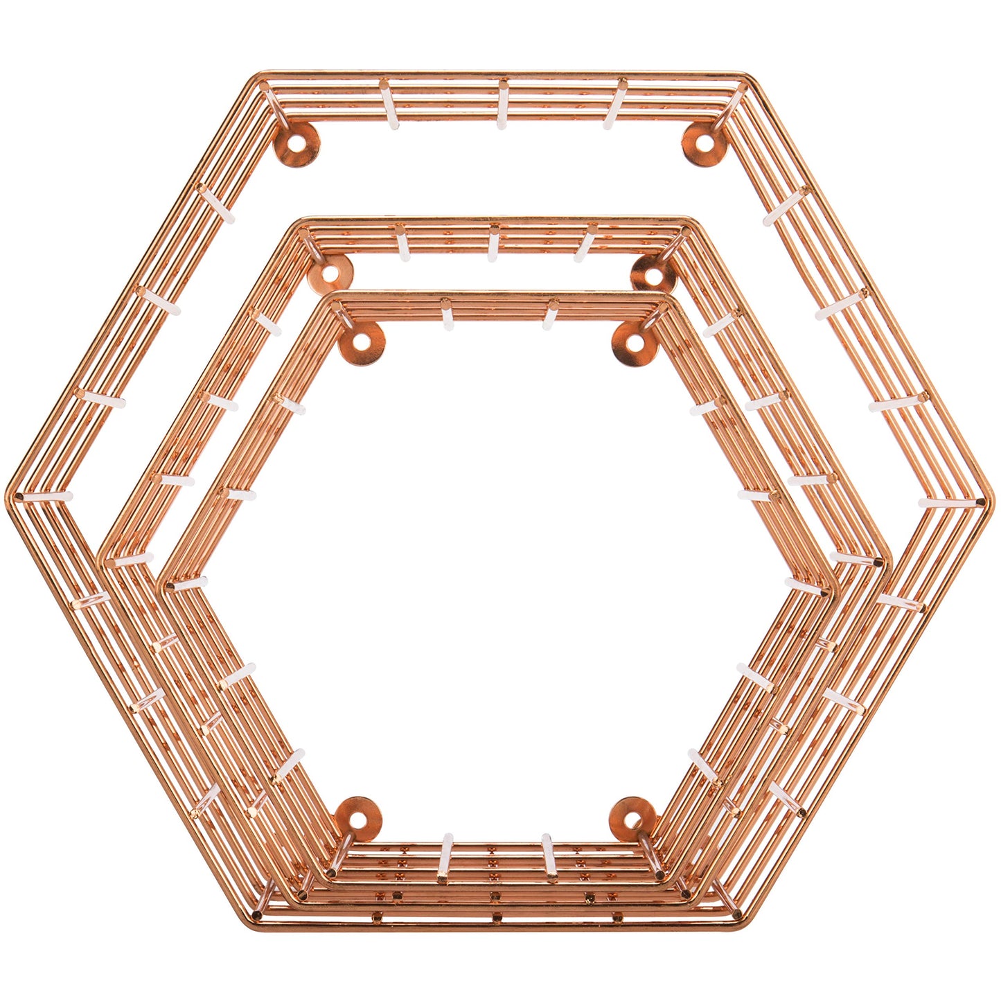 MyGift Copper Floating Hexagon Shelves, Hexagonal Copper-Tone Wire Wall-Mounted Hanging Shelf, Set of 3