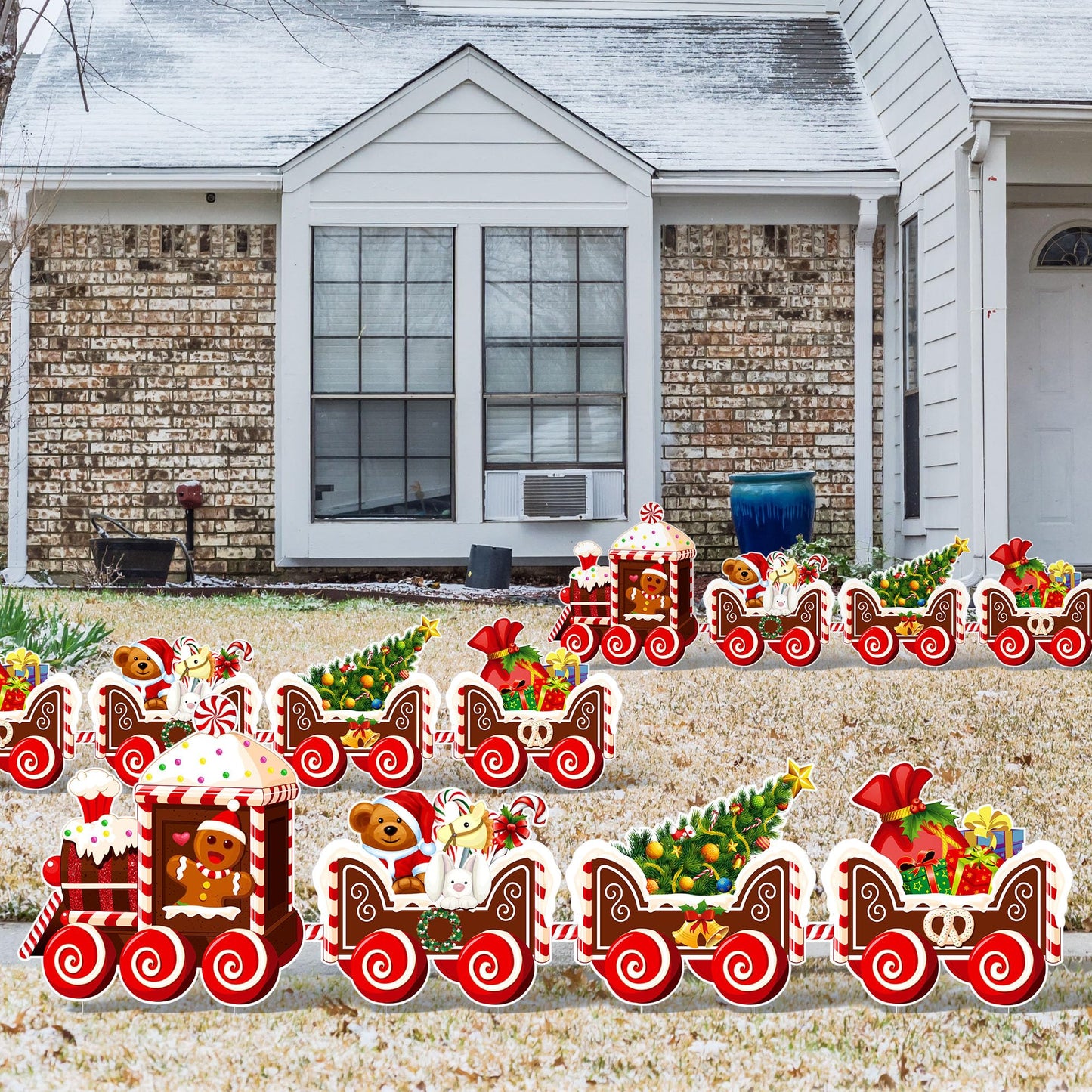 Marsui 4 Pieces Christmas Train Decorations Outdoor Yard Lawn Signs Christmas Tree Gingerbread Santa Snowman Reindeer Train with 8 Stakes for Xmas Holiday Outside Garden Lawn Yard Decor