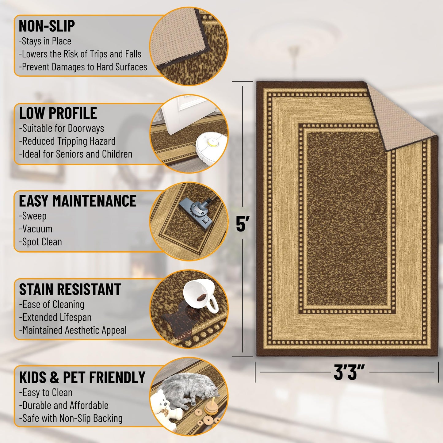 Ottomanson Area Rug 3'3" x 5' – Non Slip Rubber Backed Indoor Rug, Low Pile Accent Rug for Living Room, Bedroom, Entryway, Kitchen, Durable Floor Carpet, Border Brown
