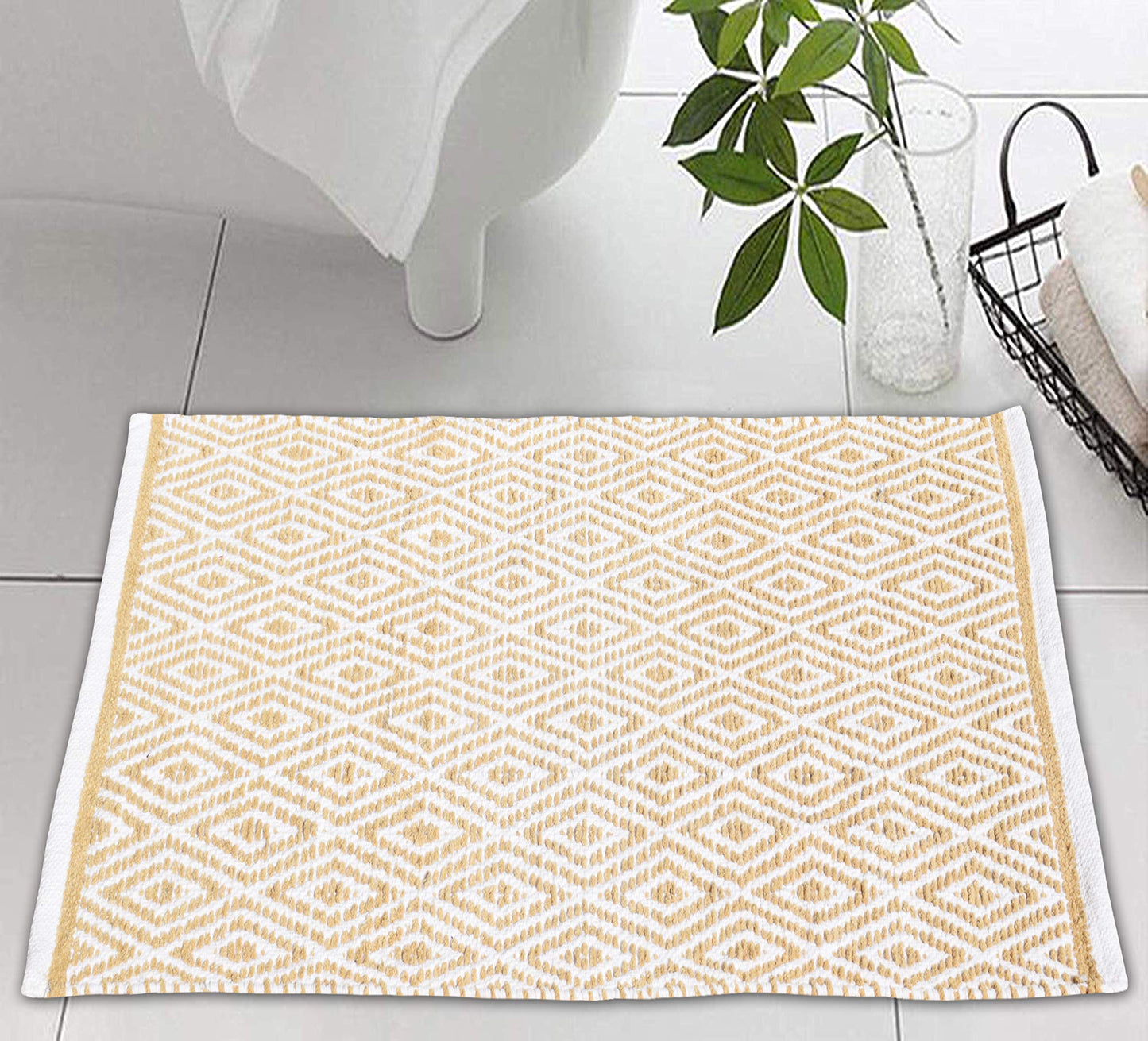 Ramanta Home 100% Cotton Diamond Handwoven Reversible Rug 21x34 Inch– Linen Soft Washable Area Rug for Bathroom, Kitchen, Bedroom, Entryway | Durable Lightweight Handmade Accent Floor Mat | Boho Décor