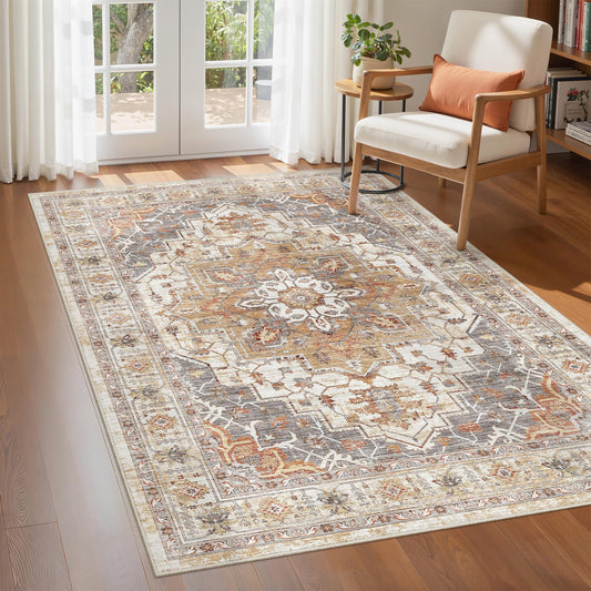 befbee 3x5 Rug, Ultra-Thin Area Rugs for Living Room,Non-Slip Lightweight Washable Rug for Bedroom,Kitchen,Entryway,Stain Resistant Small Carpet (Turmeric/Grey, 3'x5')