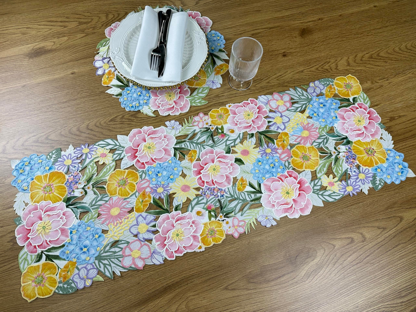KEVA Floral Spring Table Runner 36inches Long, Flower Cutwork Embroidered Table Runner 13inch x 36inch, Easter Seasonal Spring Table Decorations for Kitchen Dining Table