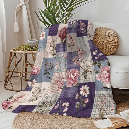 MASLEK Purple Floral Patchwork Blanket Farmhouse Vintage Flower Throw Soft Cozy Flannel Blanket Gift for Women Mom Birthday Couch Bed Sofa, 50x60 Inch