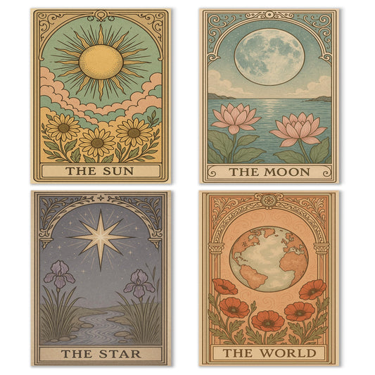 Noaleviax Sun and Moon Poster Set - Vintage Tarot Wall Art Decor, Sun Flower Full Moon Lotus Star Earth Wall Decor for Home Bedroom Living Room, 8x10 Unframed, Set of 4