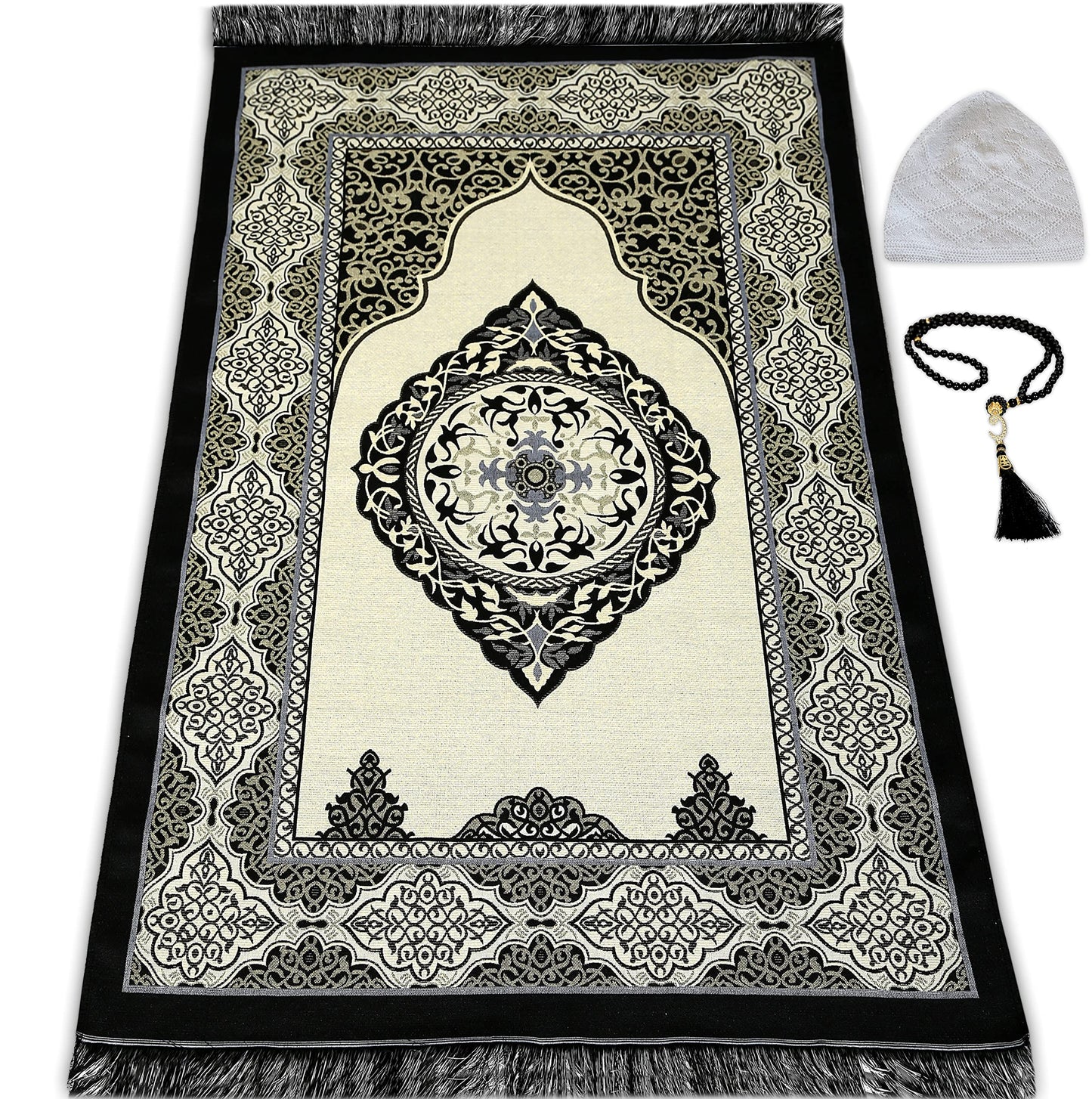 ESERRA Muslim Prayer Rug - 99 Beads & Cap Included, Islam Prayer Mats for Men, Women & Kids (Black)