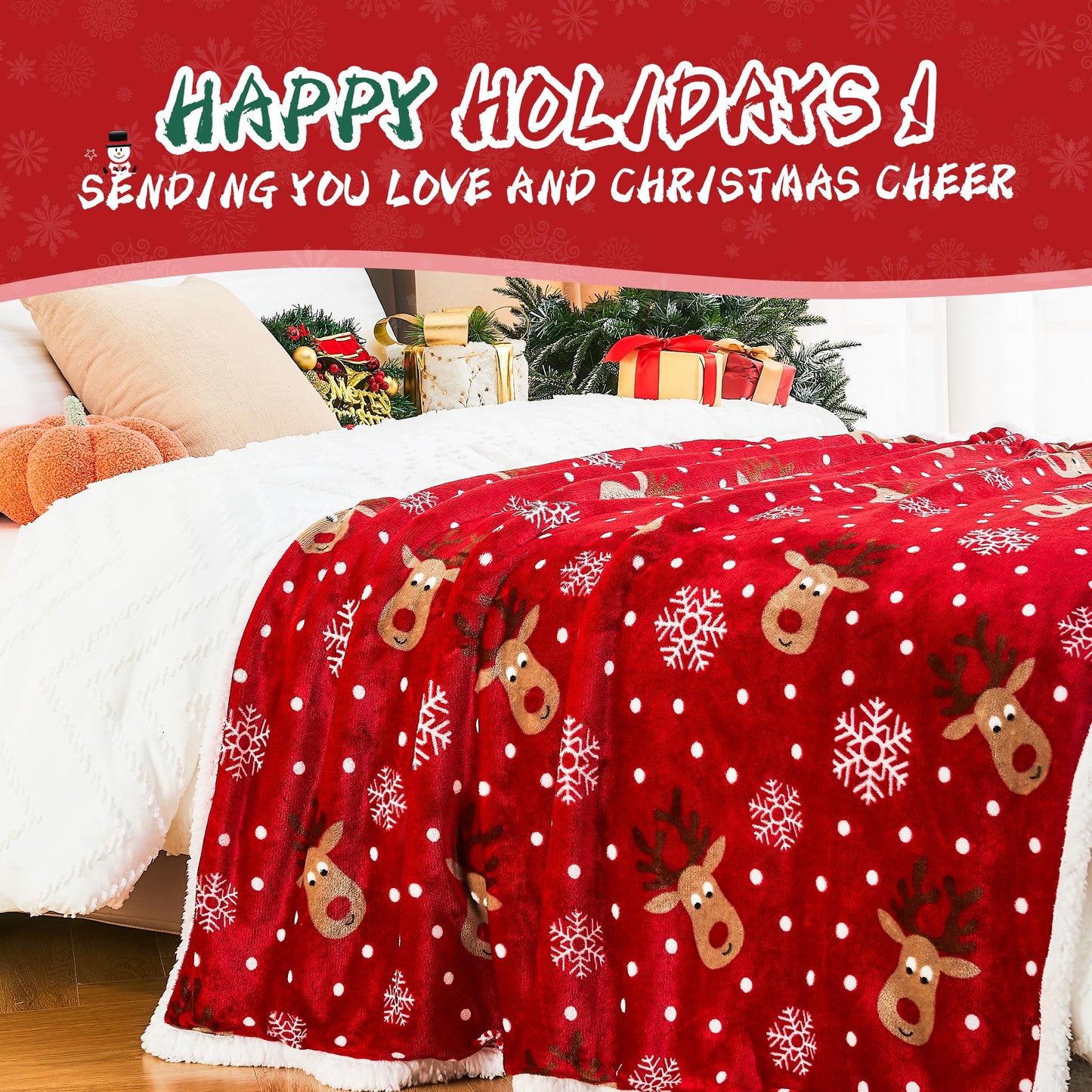 Ramees Christmas Throw Blanket, Christmas Decorations Blankets and Throws, Fuzzy Cozy Soft Warm Fleece Sherpa Winter Holiday Blanket for Bed Couch Sofa Reindeer Snowflakes
