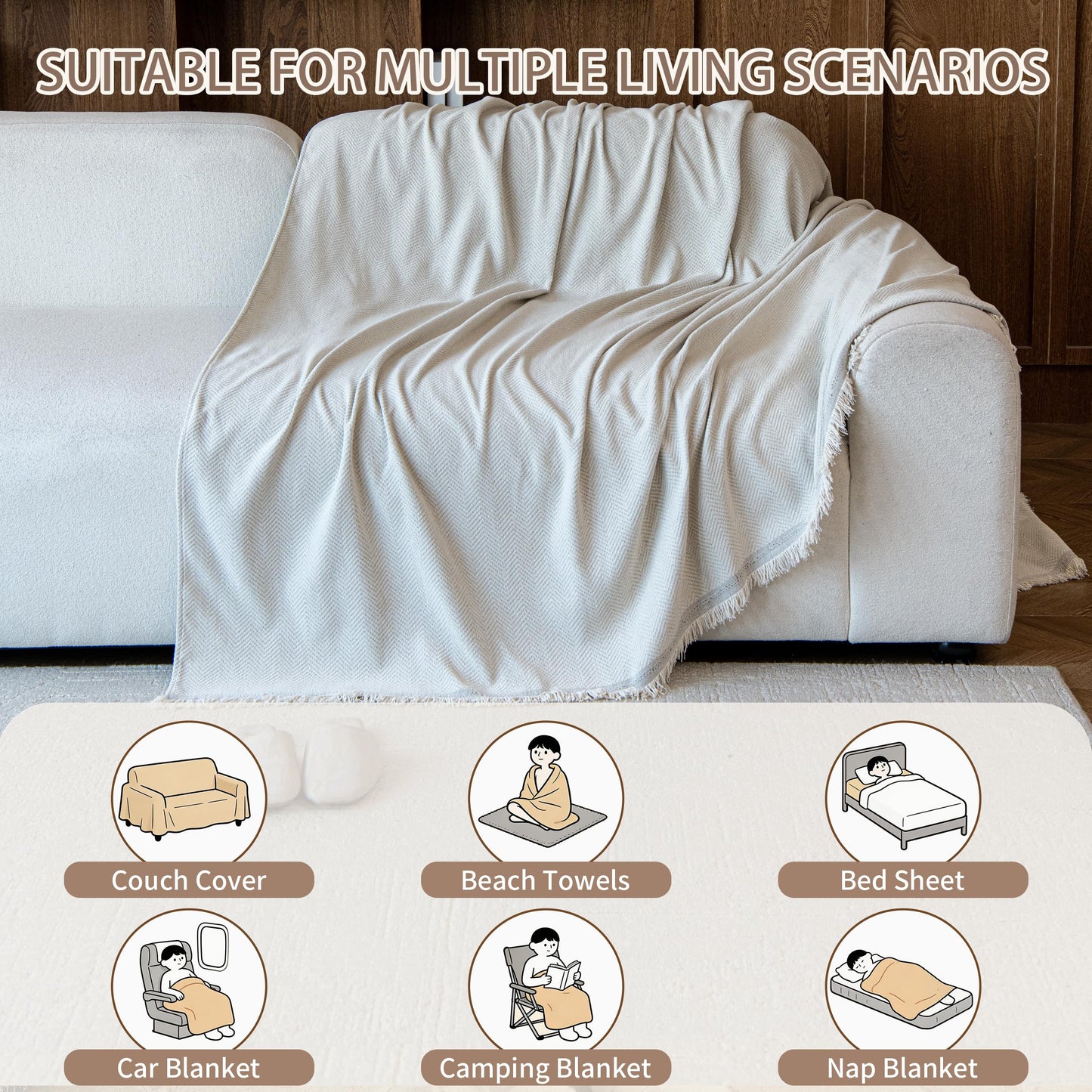 KaviKon Couch Covers for Dogs 3 Cushion, Loveseat Slipcovers Washable, Pet L Shape Sectional Protector, Boho Sofa Blanket Cover, Herringbone Chenille, Cream, 71"x118"