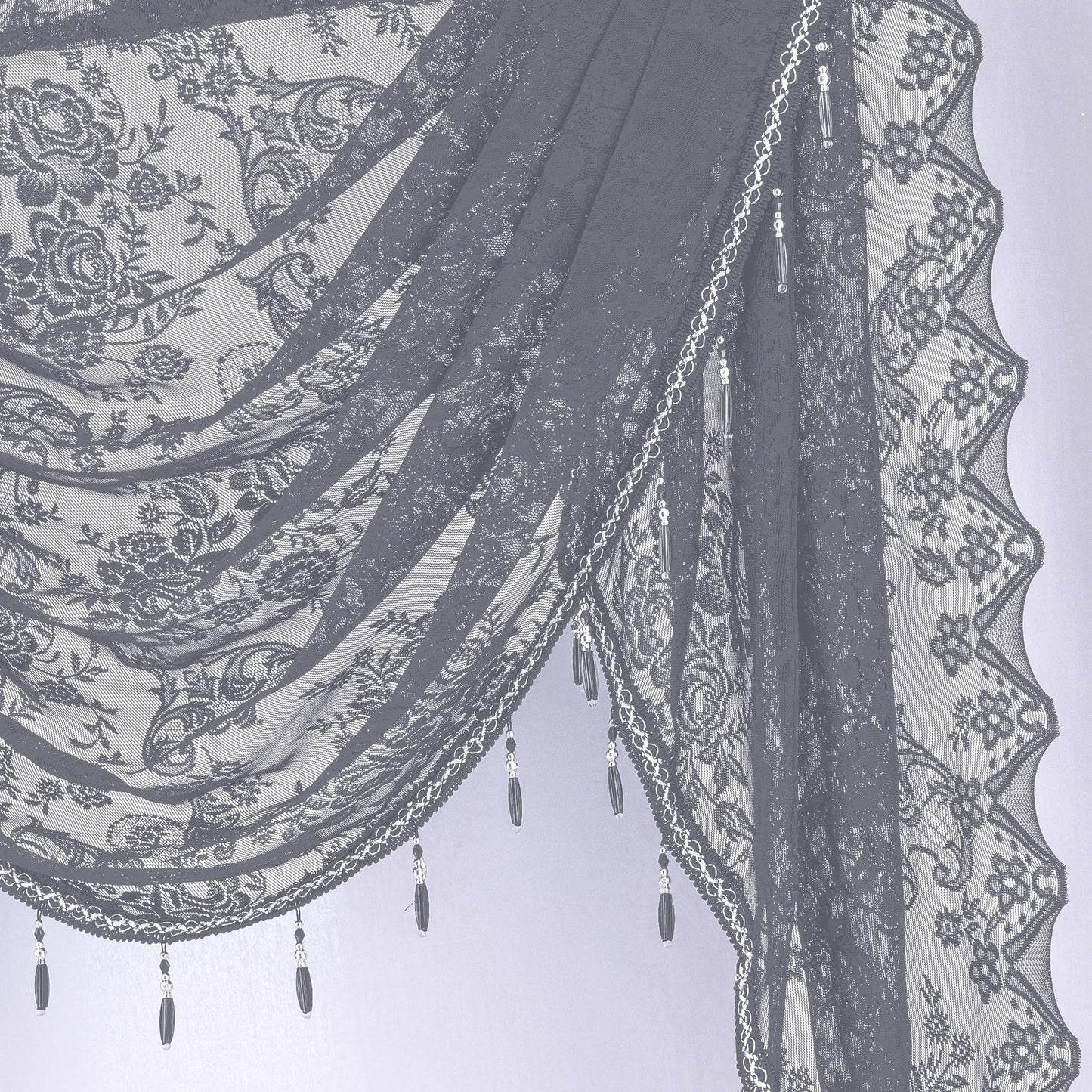 Huierxun Elegant Lace Waterfall Window Valance with Bead Tassels Floral Embroidered Valance Curtains Semi Sheer Rod Pocket Valance/Swags for Bedroom/Living Room/Kitchen/Basement (Grey,39"x41")