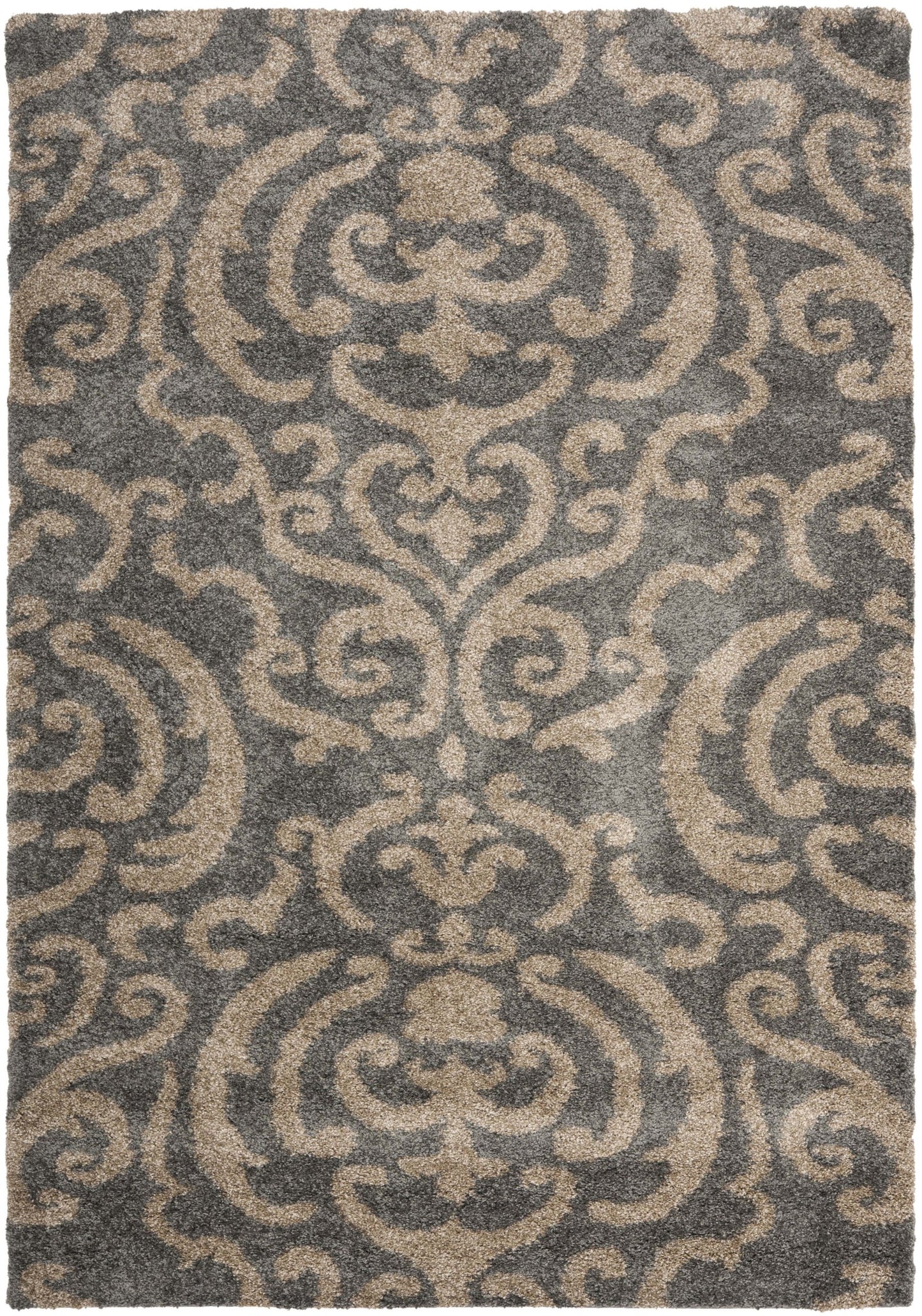 SAFAVIEH Florida Shag Collection Area Rug - 5'3" x 7'6", Grey & Beige, Damask Design, Non-Shedding & Easy Care, 1.2-inch Thick Ideal for High Traffic Areas in Living Room, Bedroom (SG462-8013)