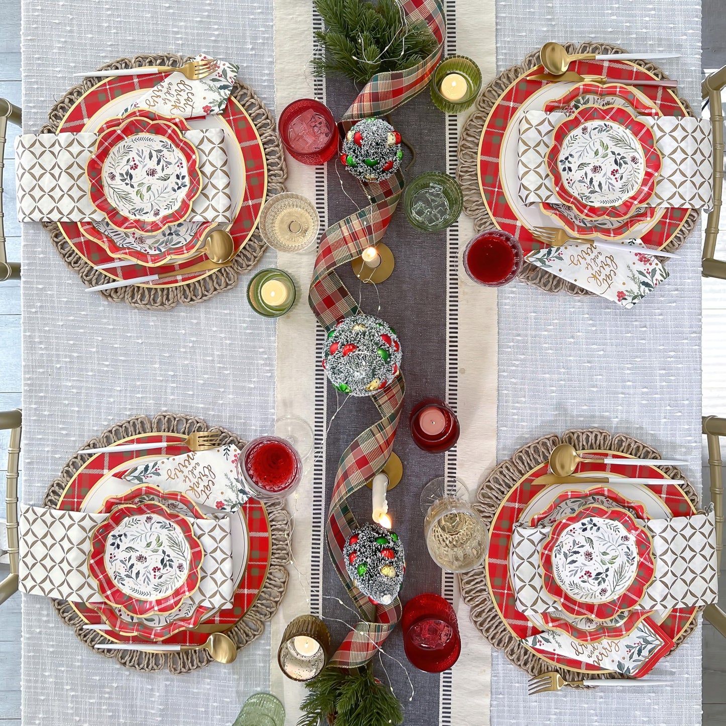 Kate Aspen 62pc Christmas Tableware Set Holiday Dinner Party Kit - 16pcs 7 inch & 9 inch Heavy Duty Disposable Party Plates, 30pcs 6.5 inch Durable Paper Napkins