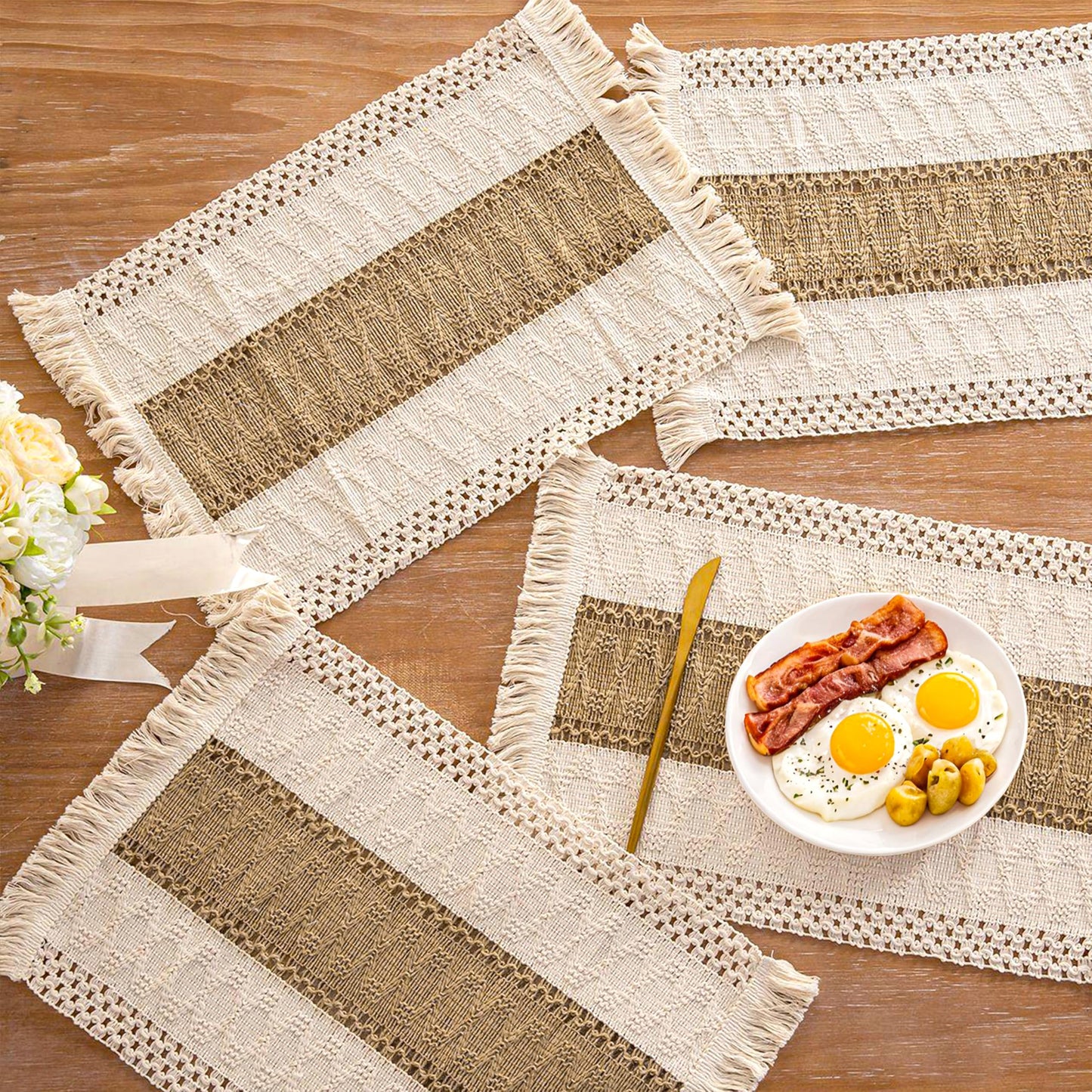 Ruvanti Cloth Placemats Set of 6 – 17.5"x12" Blend of Cotton, Polyester & Jute, Woven Placemats Washable Fabric, Table Mats Perfect for Farmhouse Kitchen, Parties, Holidays - Tobacco Band